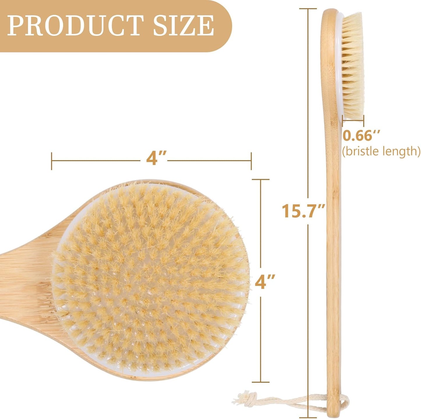 OWIIZI Back Scrubber Brush for Shower, Round Head Bristle Body Large Area Deep Cleanse Bath Brushes, Bamboo Long Handle Skin Exfoliator for Men Women Elders Wet or Dry Use