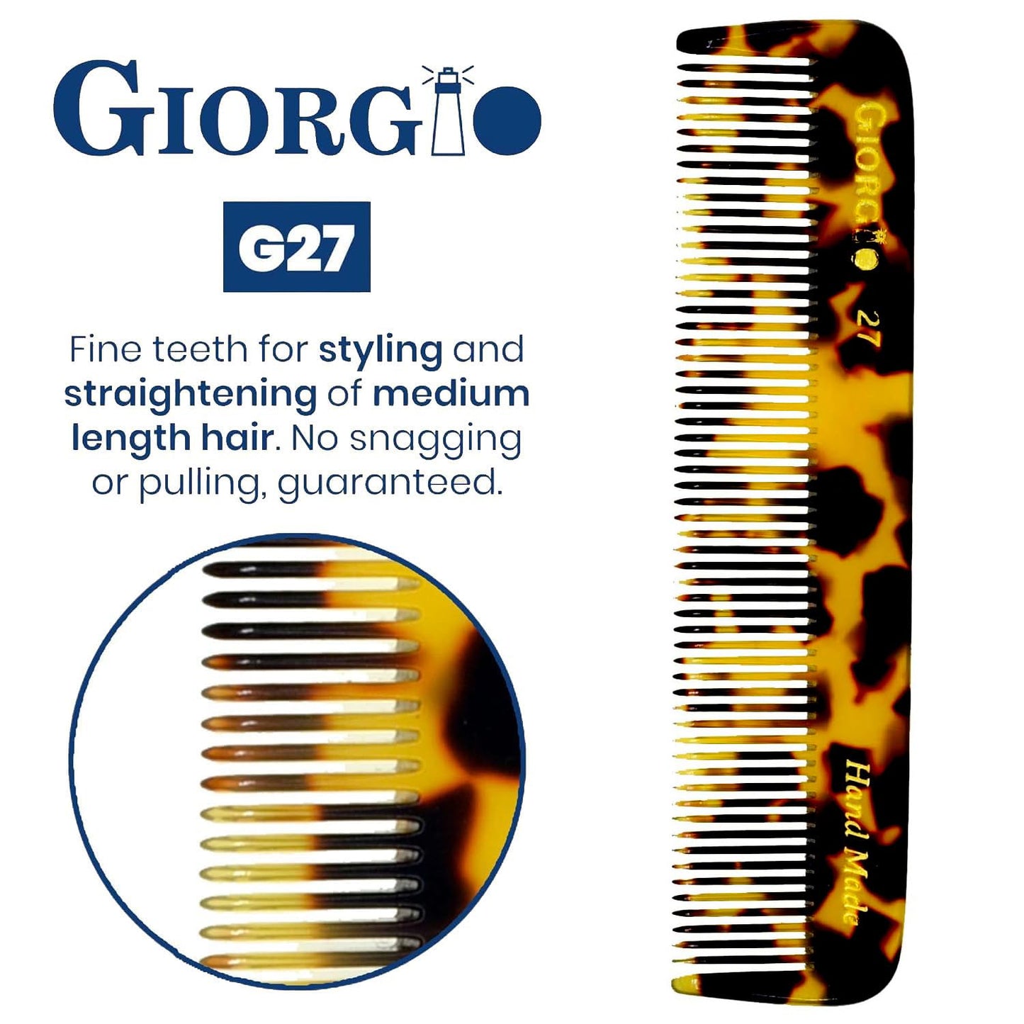 Giorgio G27 Handmade All Fine Tooth Pocket Comb, Hair Comb Straightener for Everyday Grooming Styling Hair, Mustache and Beard for Men Women and Kids, Use Dry or with Balms, Saw Cut and Polished