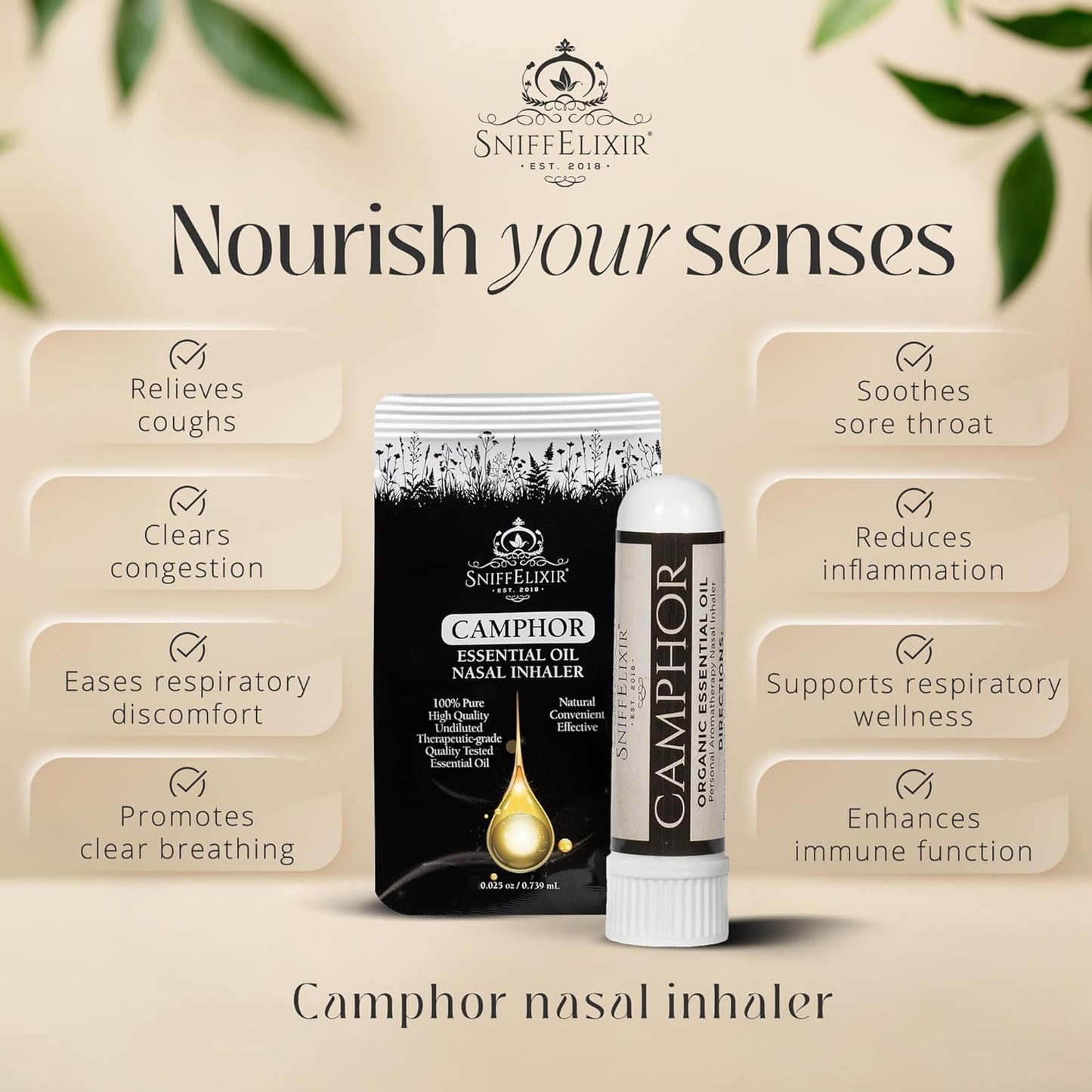 Chest Congestion & Mucus Relief Nasal Inhaler - Vapor Stick with Organic Camphor for Cough Support