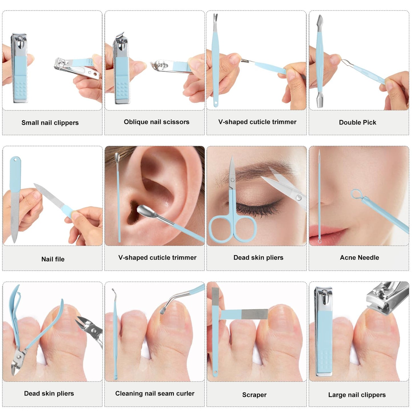 Nail Kit, Manicure Kit, Nail Care Kit for Women, Manicure Pedicure Set, Nail Clippers Toenail Clippers Kit, Professional Manicure Kit Pedicure Kit, Light Blue Travel Case, Set of 12.