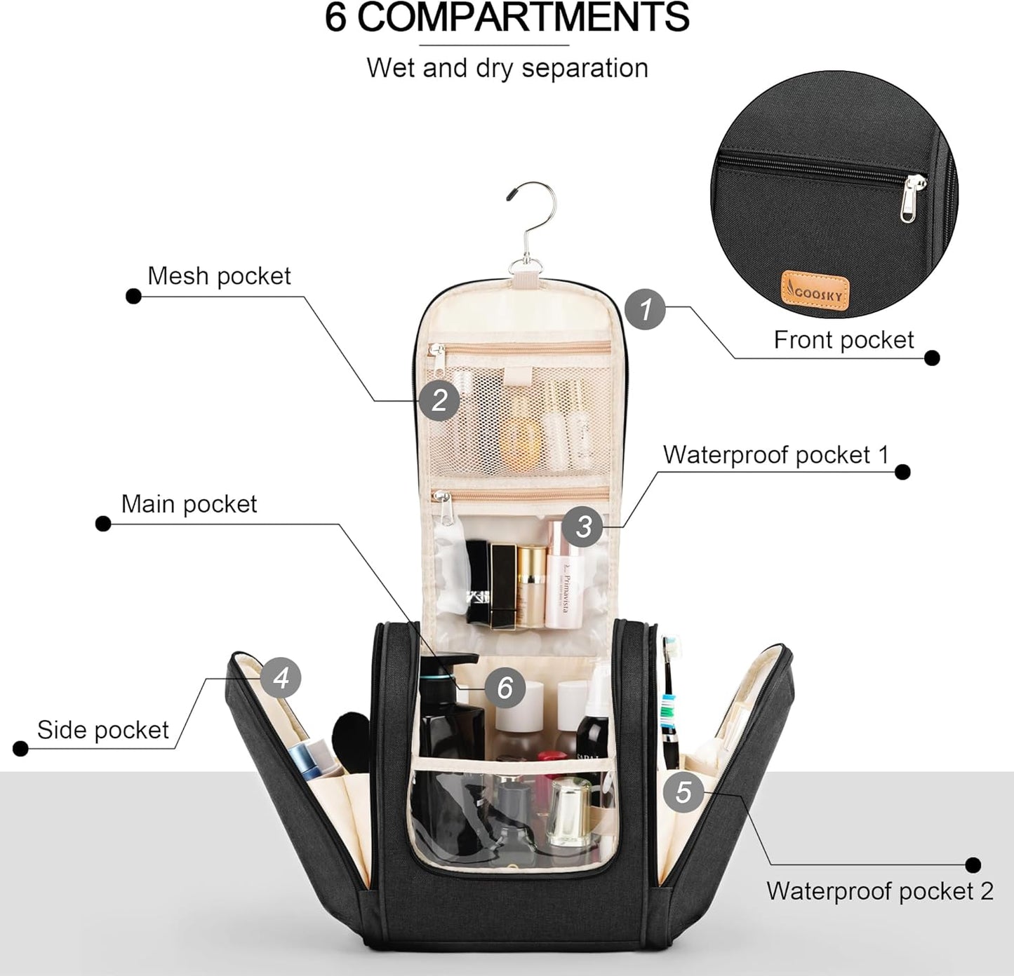 Travel Hanging Toiletry Bag for Women and Men, 6 Organizer Compartments, Holds Full Size Bottles, Extra Large Cosmetic Accessories, Makeup essentials, Bathroom Water-resistant Toiletries Bag, Black