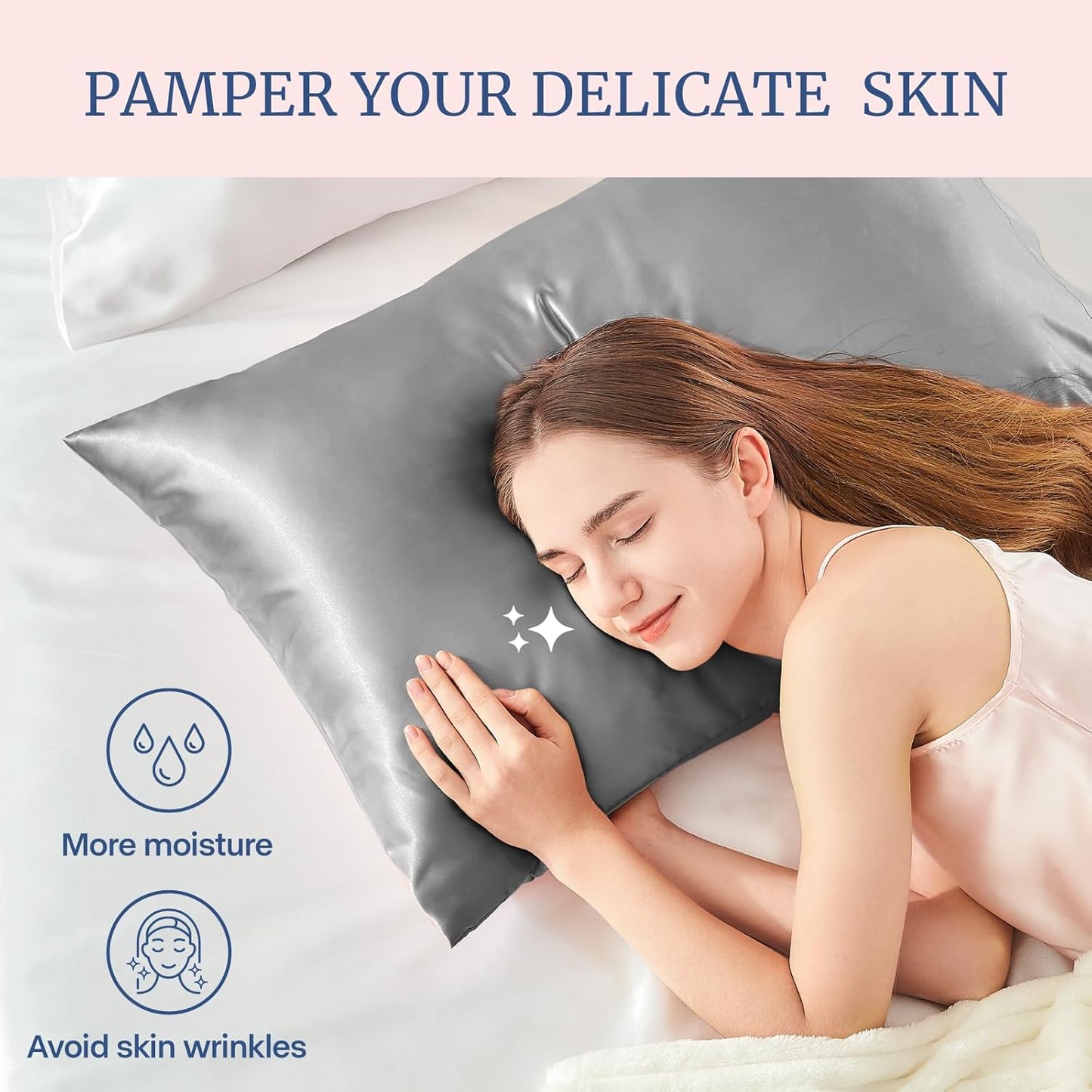 BEDELITE Satin Pillowcase for Hair and Skin, Super Soft and Cooling Similar to Silk Pillow Cases 2 Pack with Envelope Closure, Gift for Women Men(20"x30" Queen Size, Grey)