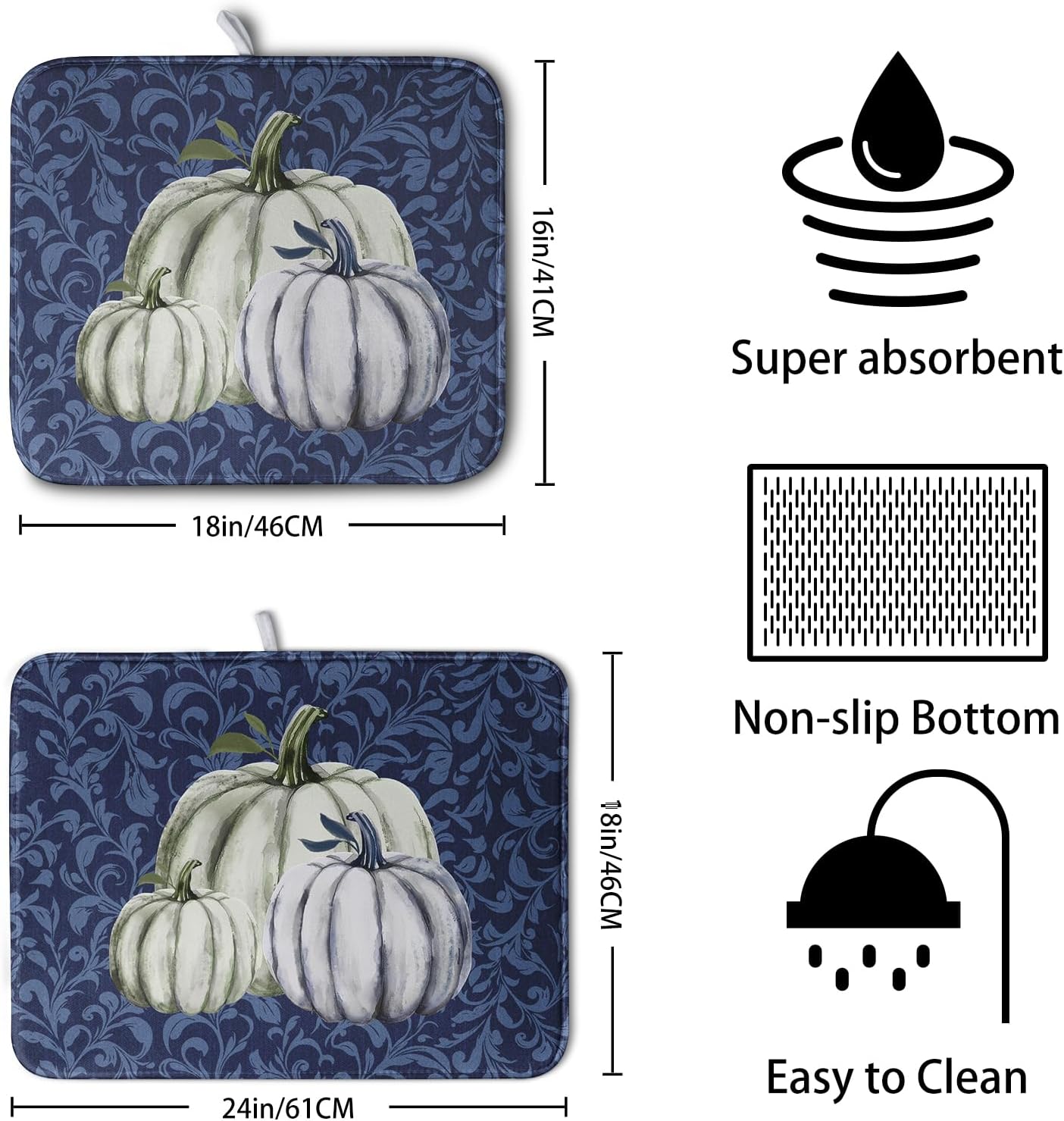 Autumn Dish Drying Mat Fall Navy Blue White Pumpkin Dish Pad for Kitchen Counter 18x24 Microfiber Absorbent Thanksgiving Dish Draining Mat Reusable Washable Dish Drainer Rack Mat