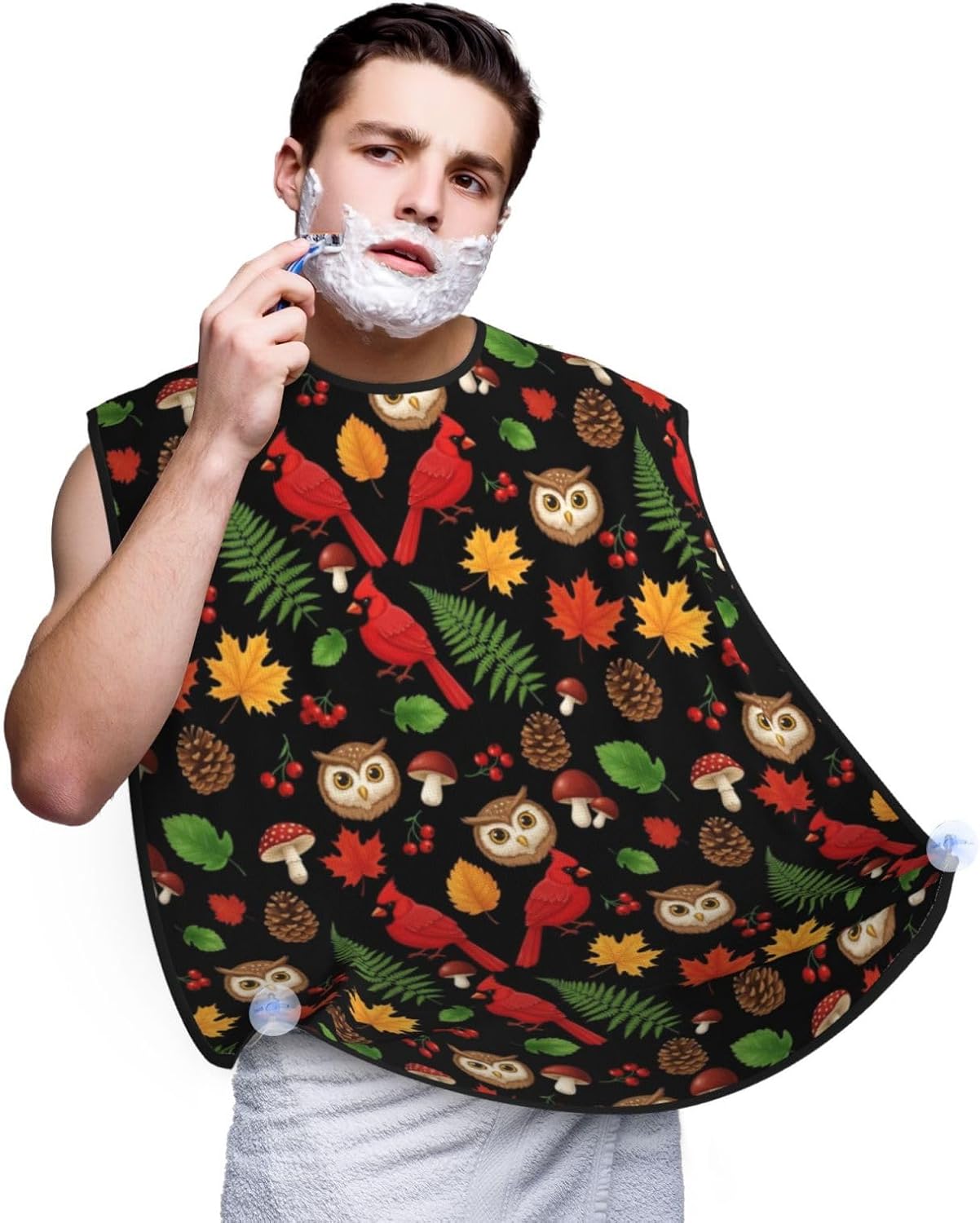 Non-Stick Beard Shaving Bib, Hair Catcher Apron with Suction Cups, Waterproof Grooming Tool for Men Husband, Christmas Red Birds Owl Autumn Fall Leaves Mushrooms Shave Bib