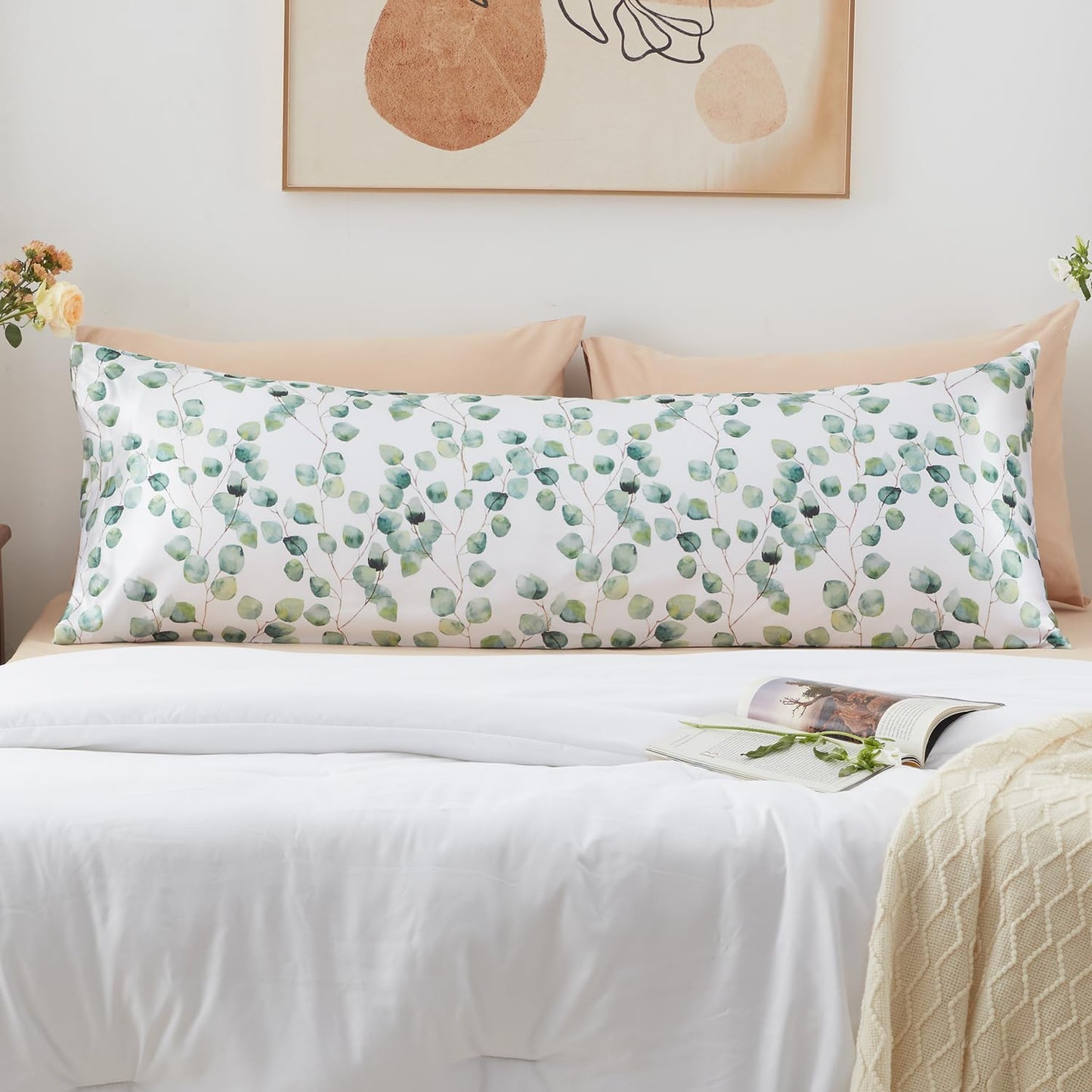 EXQ Home Satin Body Pillow Pillowcase Super Soft Silk Pillowcase, Body Pillow Cover with Envelope Closure Ink Leaf (20"x54")