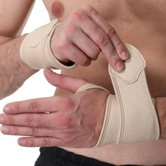 NeoTech Care Wrist Band - Elastic & Breathable Fabric - Adjustable Compression Strap - Men, Women, Right or Left - Support Wrap for Protection or Sports (Beige Color, Size S, 1 Pair)
