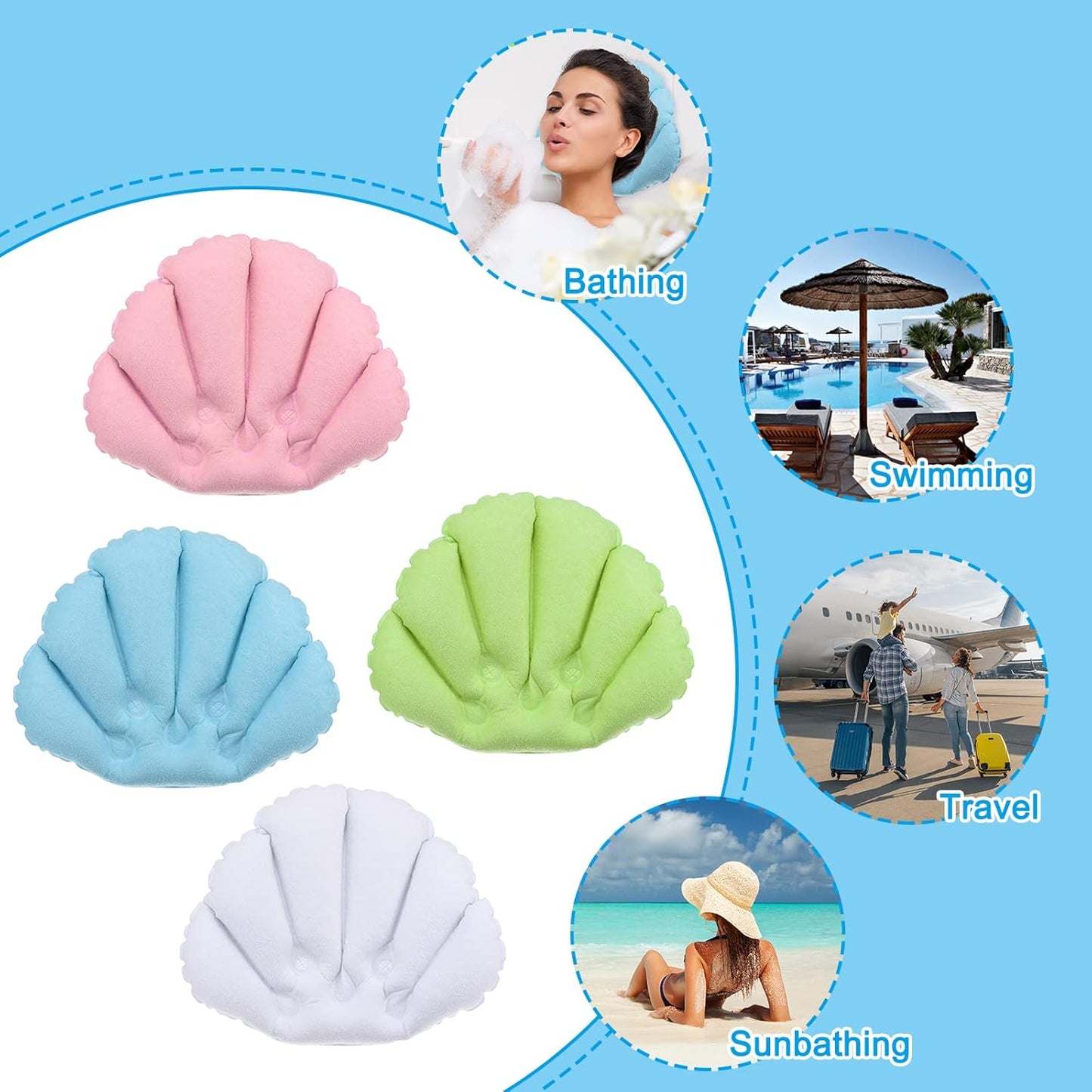 PATIKIL Inflatable Bath Pillow with Suction Cups, 2 Pack Terry Cloth Covered Shell Shape Bathtub Spa Pillow Neck Support for Bathtub Hot Tub, White