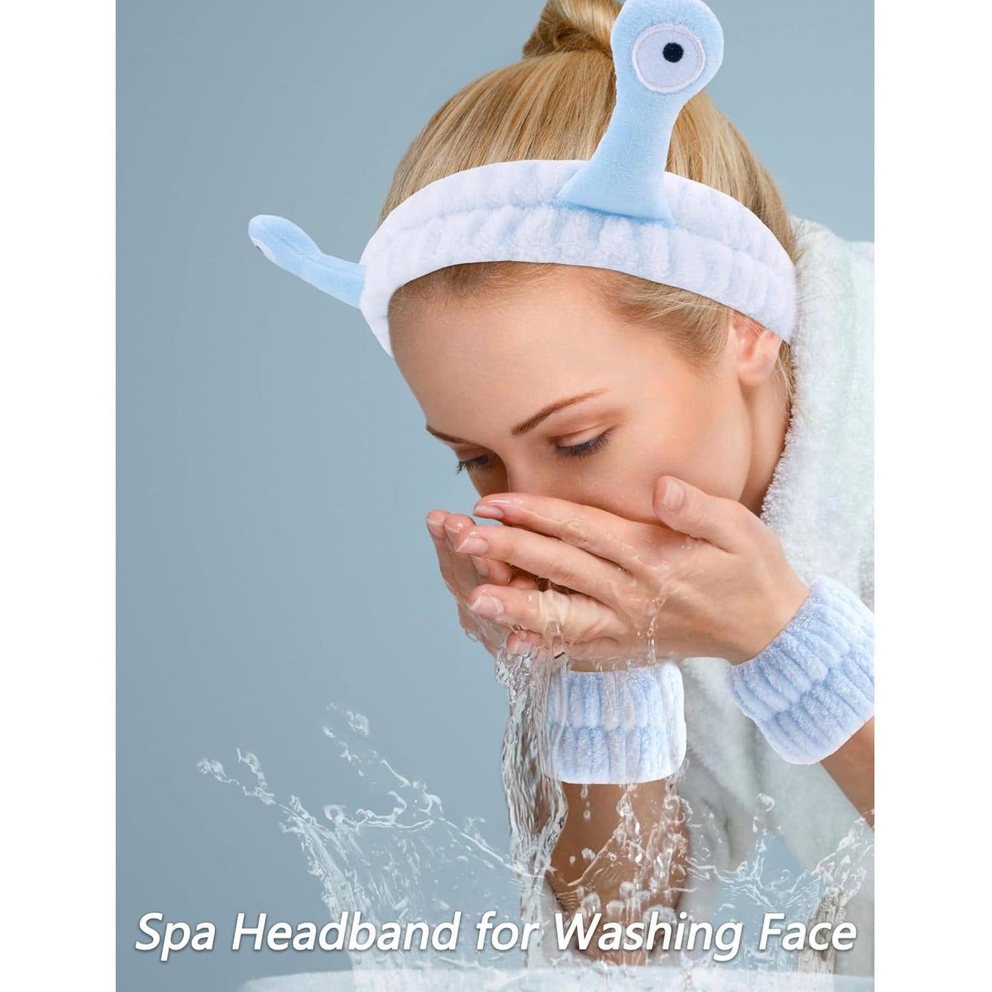 VELSCRUN Spa Headband, Makeup Face Wash Skincare Headbands, 5 Pcs Sponge Get Ready Snail Hairband Facial Wristband Hair Clip Set, Stuff for Teen Girls Women Trendy Hair Accessories Blue