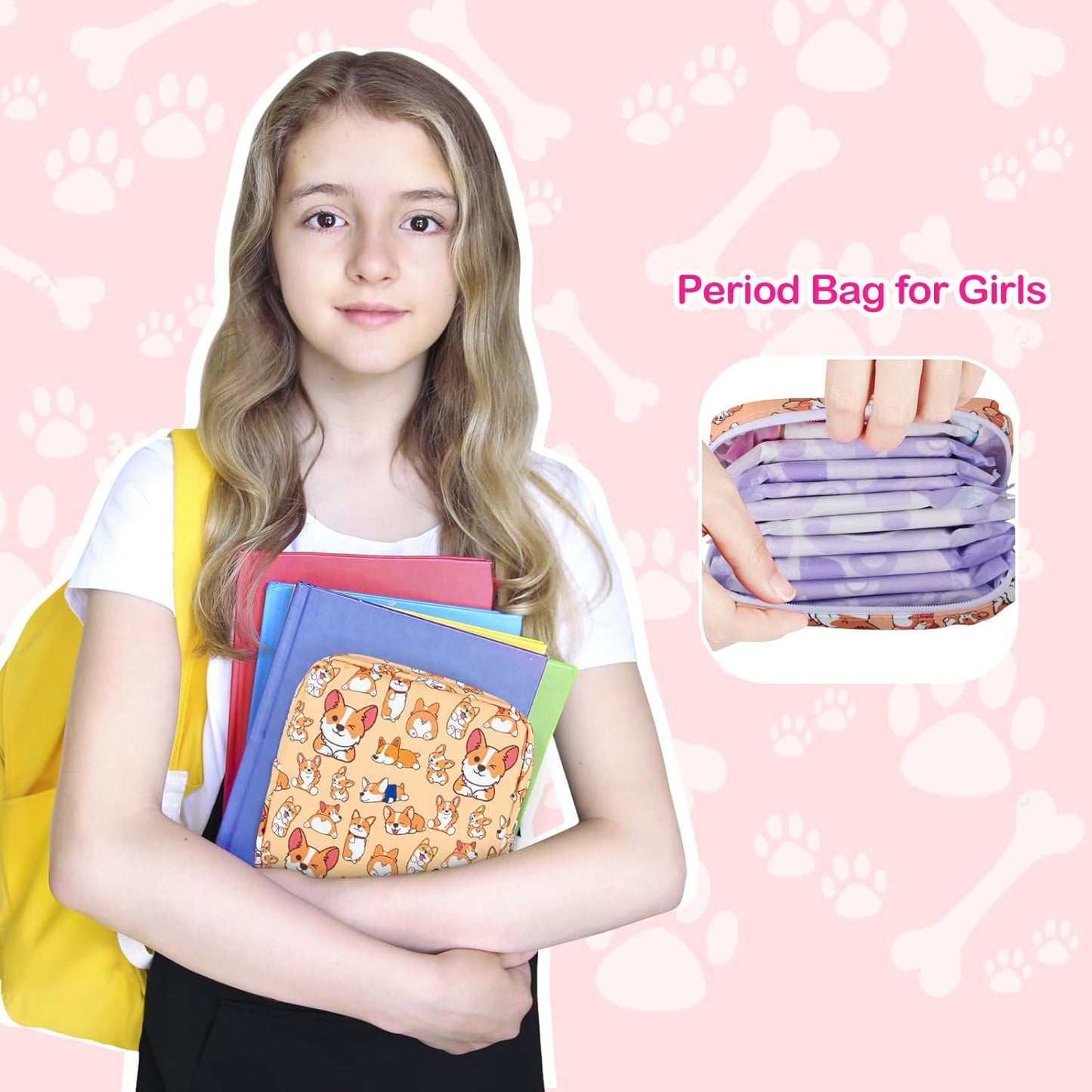 Period Bag Pouch, Canvas Sanitary Napkin Storage Bag for Girls Womens, Portable Sanitary Napkin Period Pad Pouch for Purse, Small Make Up Bags(Orange Dog)