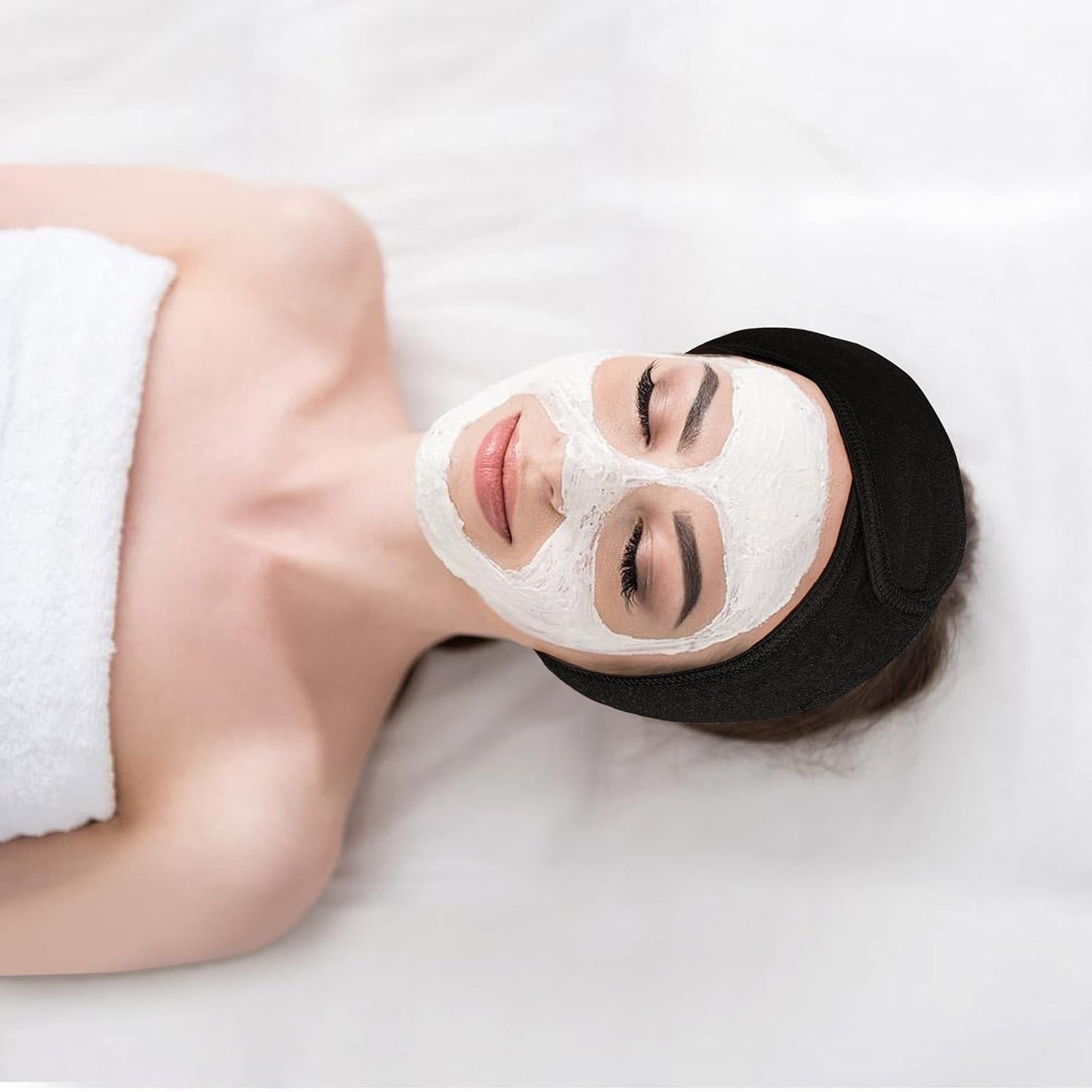 Facial Spa Headbands 4PCS, Makeup Shower Bath Wrap Sport Headband Terry Cloth Stretch Towel with Magic Tape (Black)