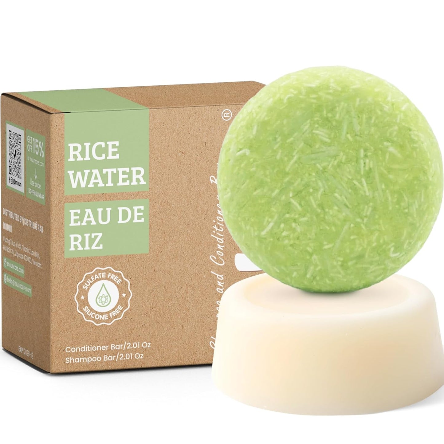 Muun Rice Water Shampoo and Conditioner Bar - Strengthening & Volumizing Solid Soap Bars, Clarifying Shampoo For Oily Hair & Scalp, pH Balanced, Sulfate & Silicone Free