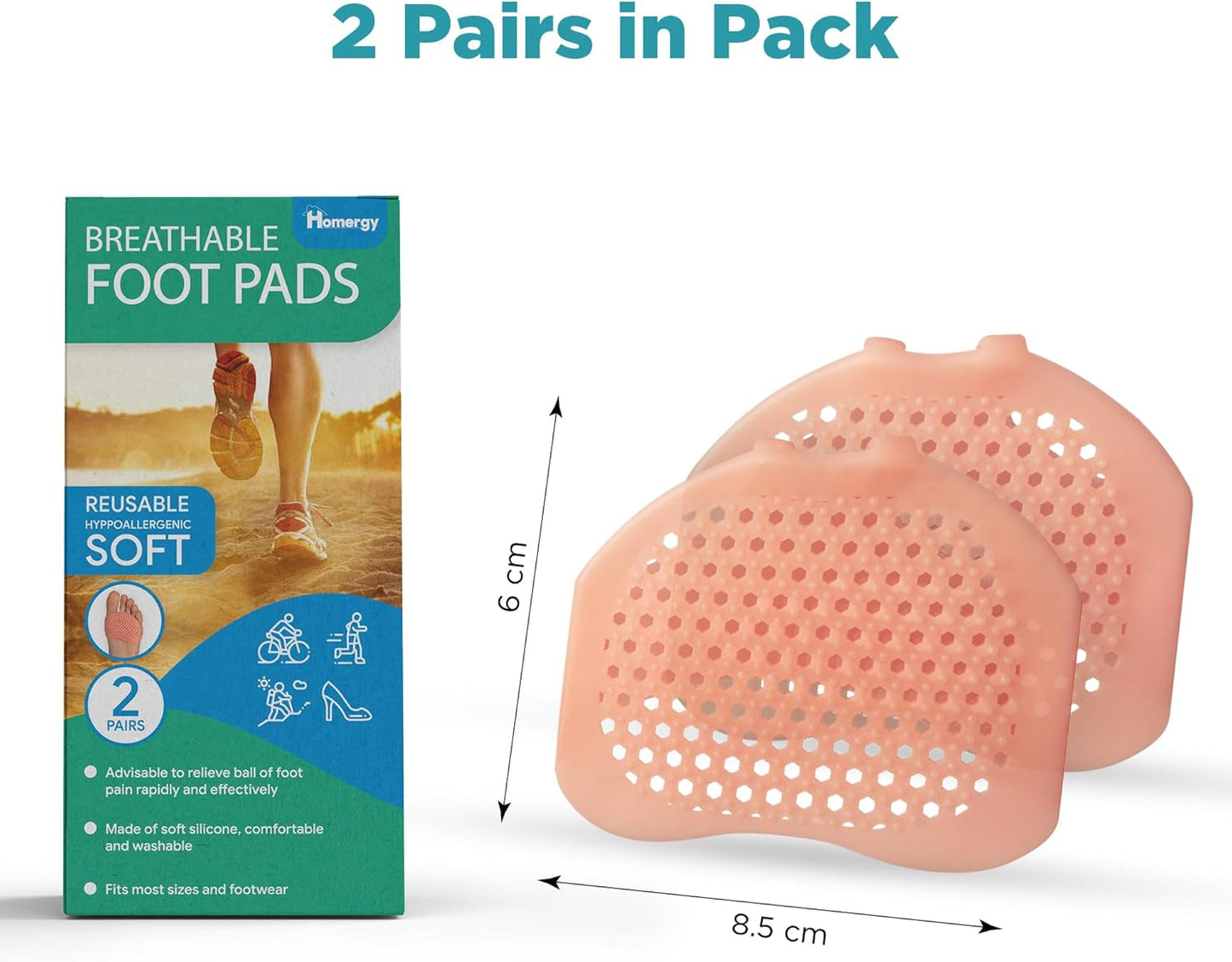 Homergy Metatarsal Foot Pads - Soft Gel Ball of Foot Cushions for Pain Relief, Ultra-Thin Sleeve Design, Stays in Place, Breathable & Reusable - Fits Heels, Flats, Sneakers (4 Pads / 2 Pairs)