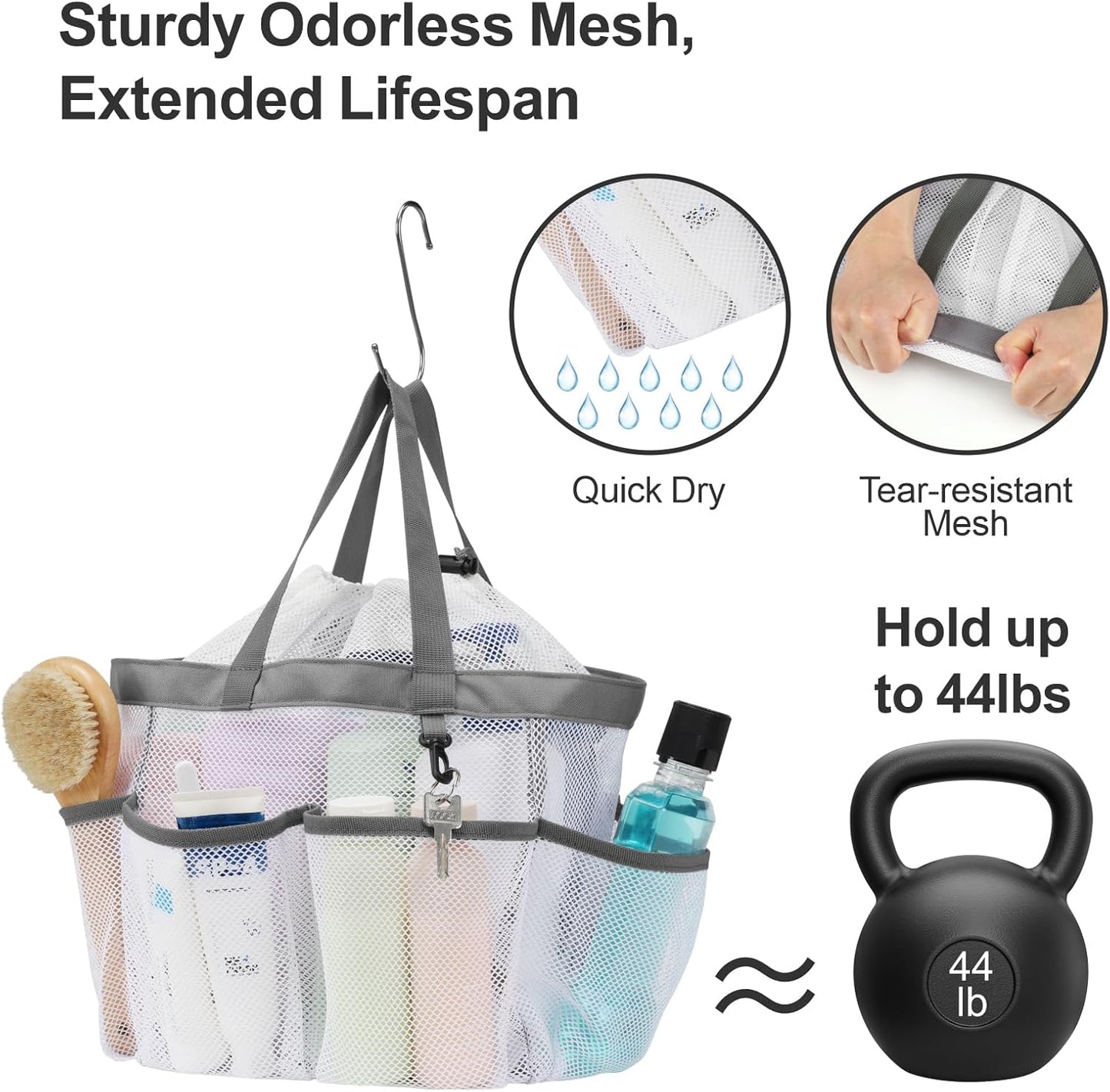 F-color Mesh Shower Caddy Portable with Drawstring - Upgrade Deeper 7 Pockets Dorm Room Essentials for Guys Girls with S Hook, Shower Bag Basket Tote for College Camping Toiletry Bathroom, White