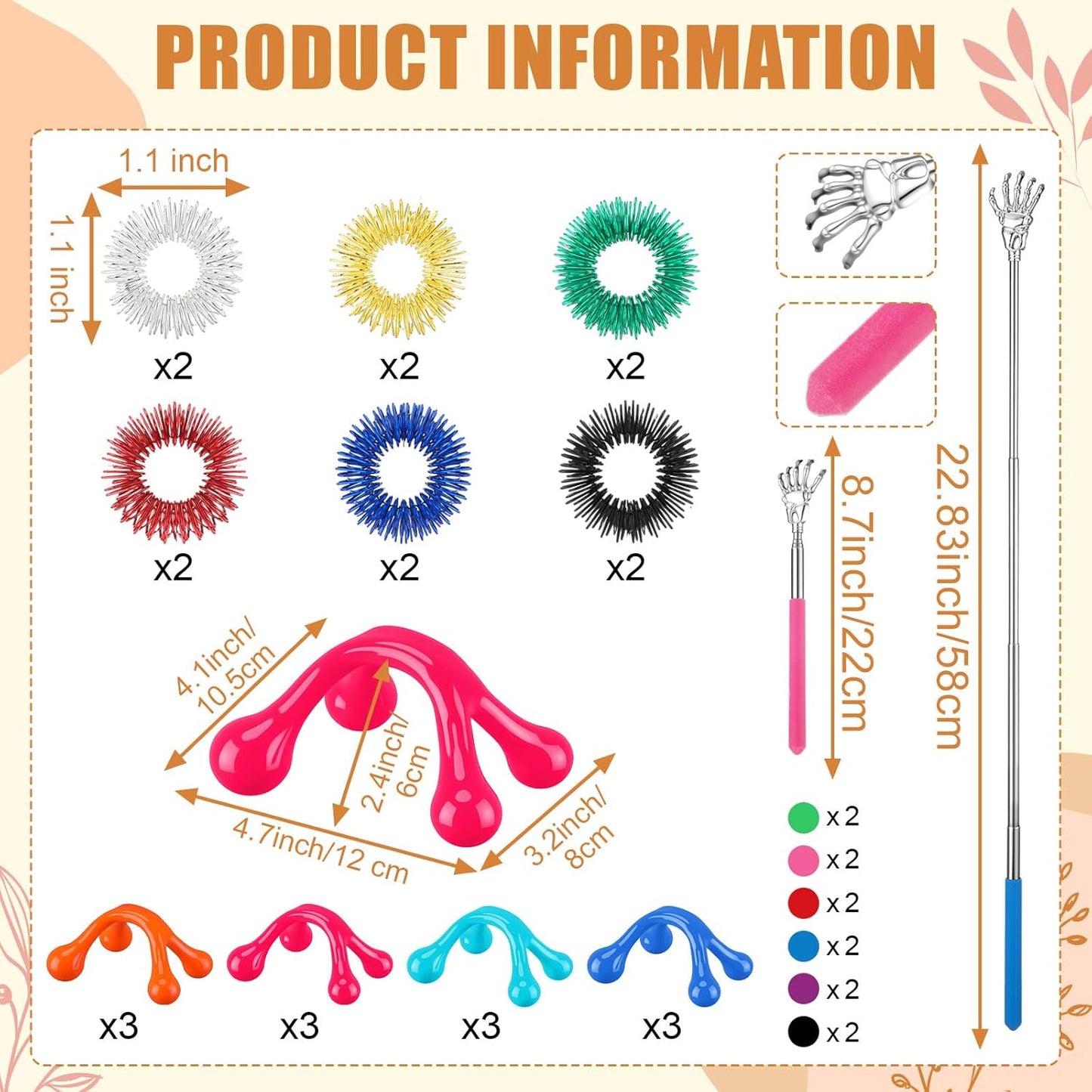 Geiserailie 48 Pack Head Scratcher Scalp Massagers, Extendable Back Scratchers, Four Point Massage Tools, Finger Massager Rings for Deep Relaxation Stress Relief Hair Stimulation Men Women Adult Gifts