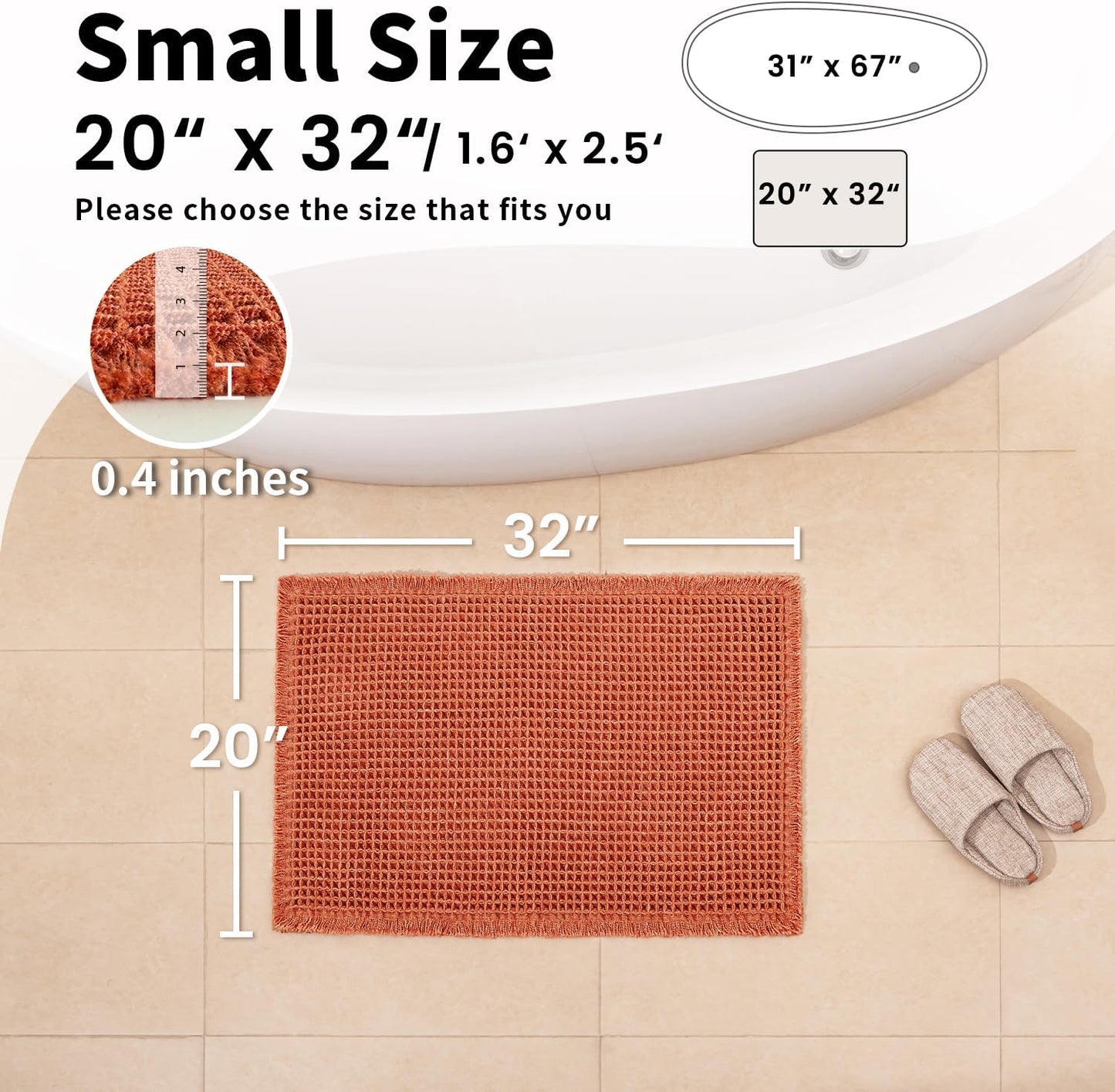 Waffle Bath Mat - Boho Bathroom Rugs Non Slip Washable, Super Absorbent & Quick Dry, Soft Bath Mat Farmhouse Bathroom Decor, 20'' x 32'', Dirty Orange
