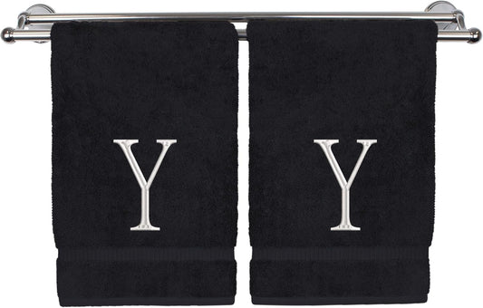 Monogrammed Hand Towel, Personalized Initial Gift, Extra Absorbent 100% Turkish Cotton - Soft Terry Finish - Set of 2 - White Block Initial Y - Embroidered on Black Towels