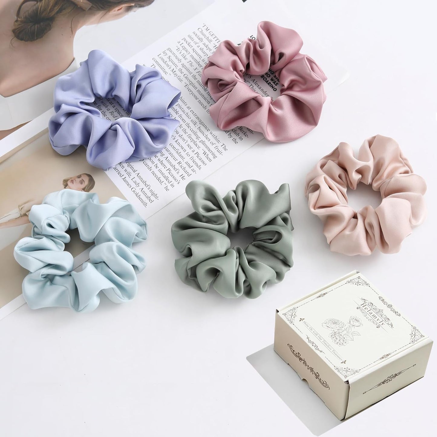 Big Silk Scrunchies for Women,Better than Satin,Silky Soft Scrunchie for Bun Luxurious Ponytail Holders Elastic Hair Ties No Damage (Green Blue Rose-Red Champagne Menthol-Blue)