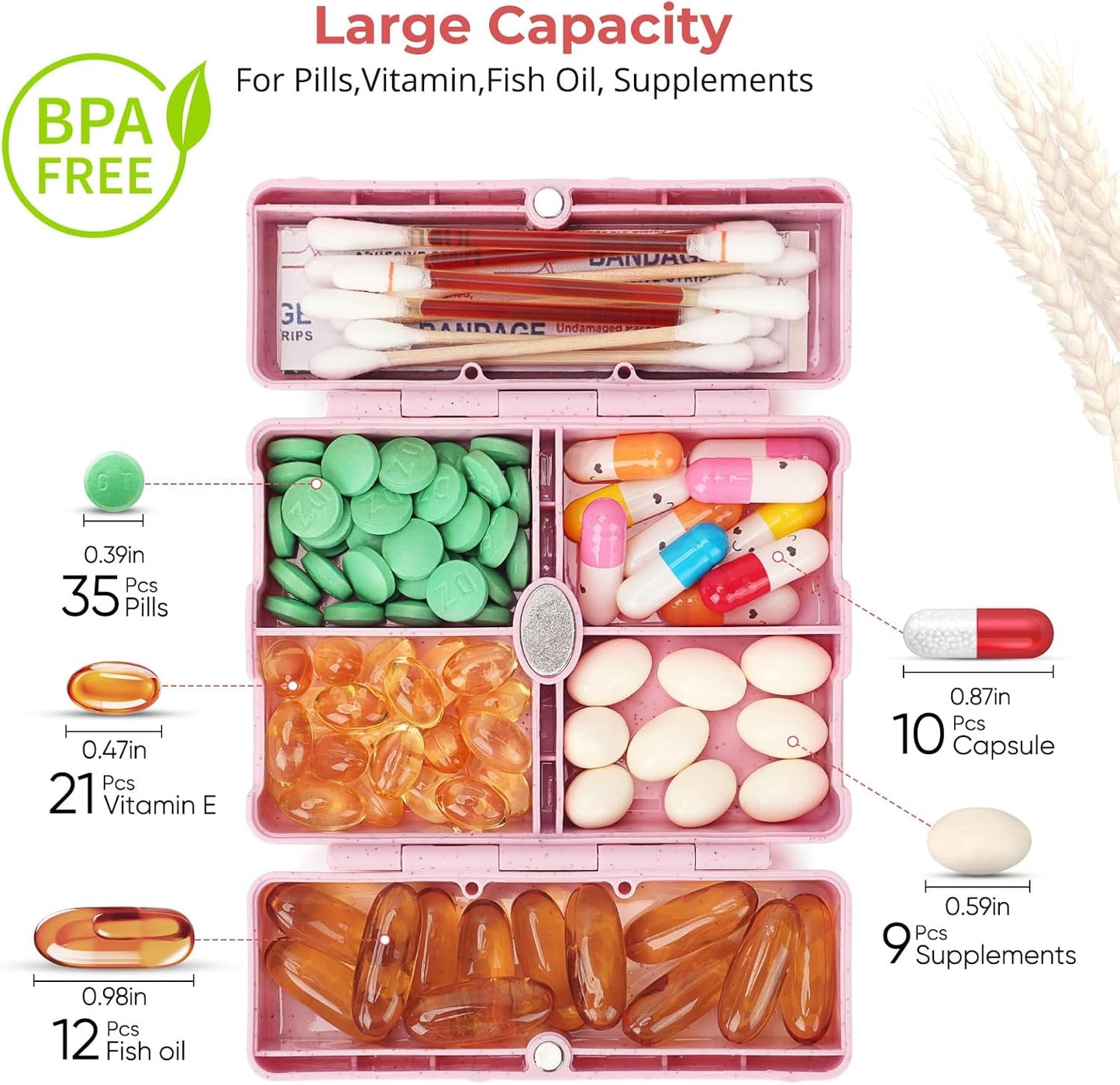 Zentiky Small Daily Pill Organizer with Labels, Medicine Pill Organizer Fit with Your Purse or Pocket for Travel to Hold Vitamin, Fish Oil, Supplement,Cotton Swabs, Bandages or Jewelry-Pink