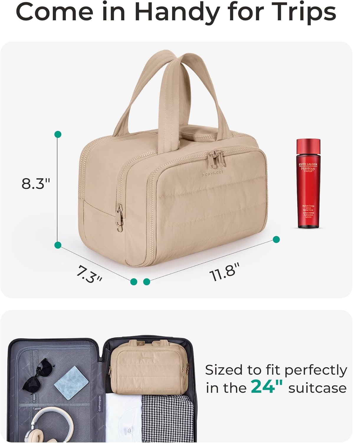 BAGSMART Travel Toiletry Bag, Puffy Toiletry Bag for Women, Wide-open toiletry bags for traveling, Large Travel Cosmetic Makeup Bag Organizer for Accessories,Toiletrie (Khaki)