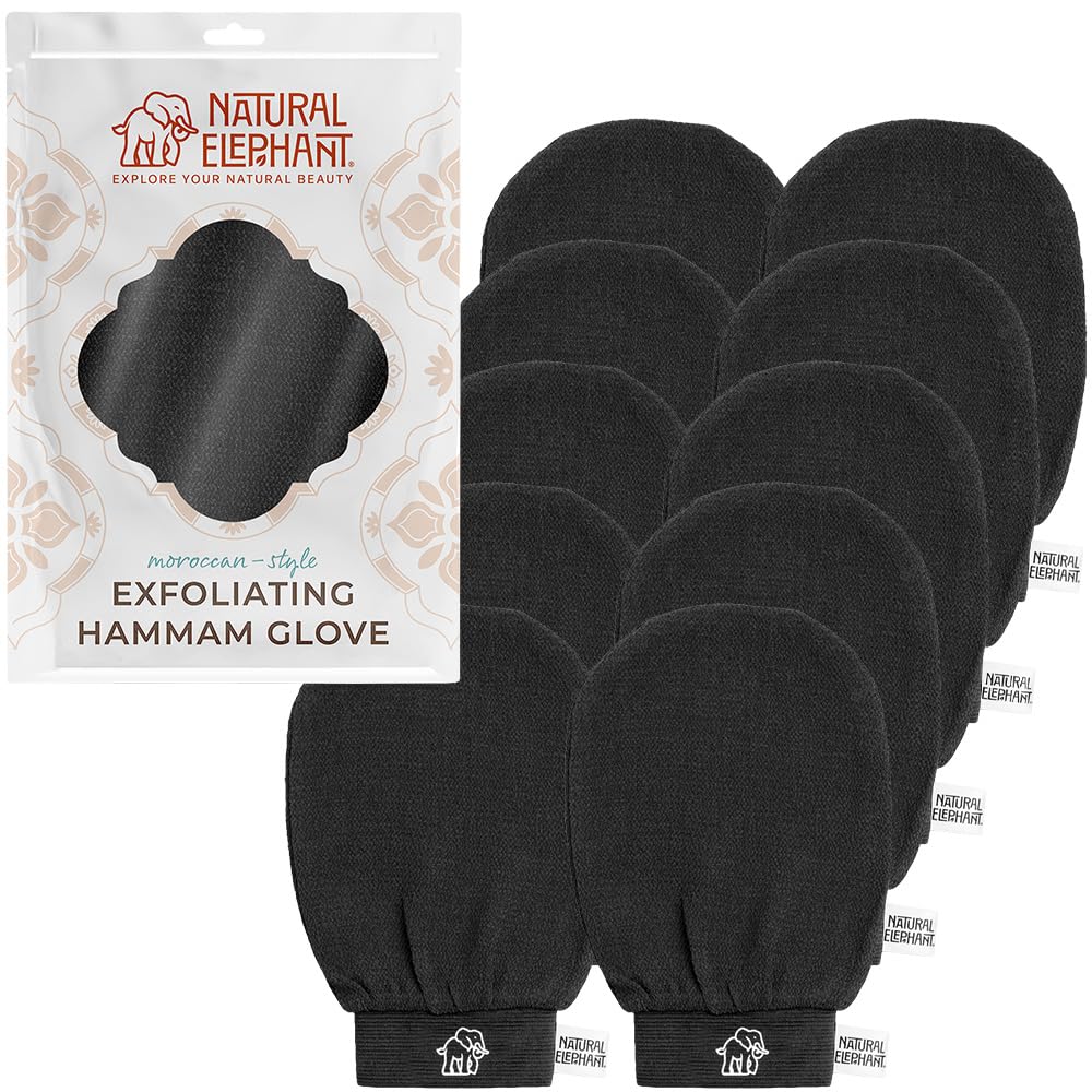 Natural Elephant Exfoliating Hammam Glove - Face and Body Exfoliator Mitt 5 and 10 Packs (Pure Black (Pack of 10))