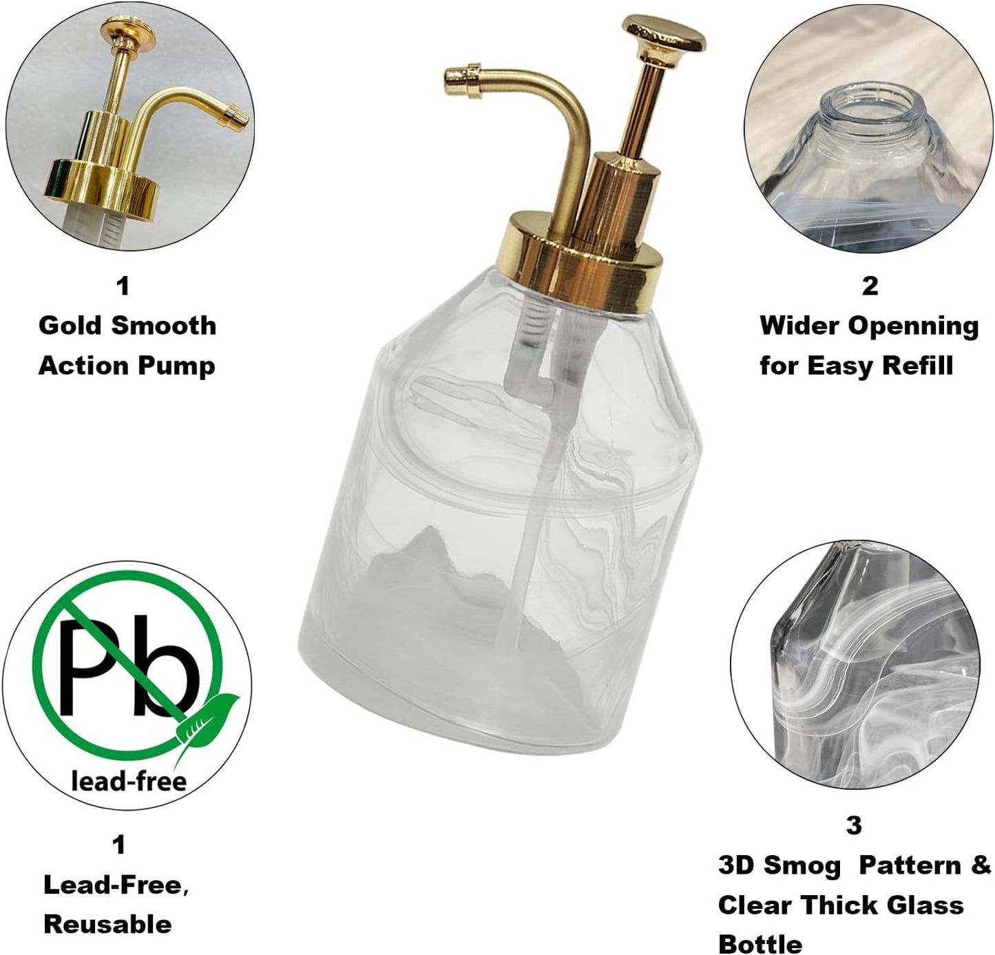Thick Glass Soap Dispenser for Bathroom,Hand-Blown Unique 3D Smog Glass Soap Bottle&Gold Smooth Action Pump,Luxury Vintage Kitchen Lotion Dispenser for Liquid Dish Soap Syrup-12.7oz,Giftable
