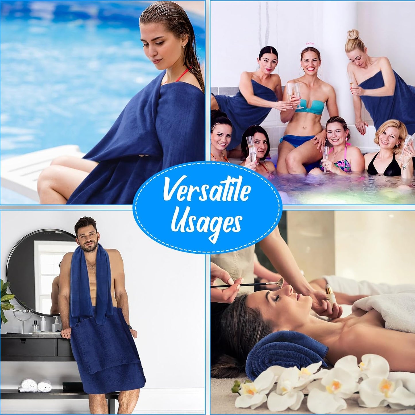 16 Pack Microfiber Bath Towels Bulk 27'' x 60'' Oversized Size Bath Towel Highly Absorbent Extra Large Soft Drying for Shower Beach Salon Winter Sport Spa Gym (Simple,Navy Blue)