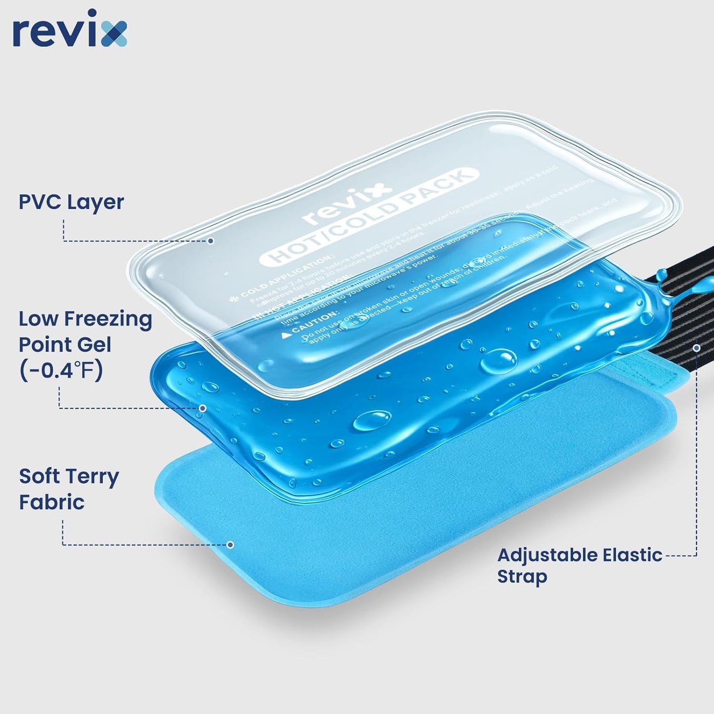 REVIX Ice Packs for Injuries Reusable, 2 Packs Hot & Cold Gel Ice Packs with PVC Cooling Design & Adjustable Strap, Flexible Therapy on Joints, Muscles, Shoulder, Back and Knee (10" x 5" Blue)