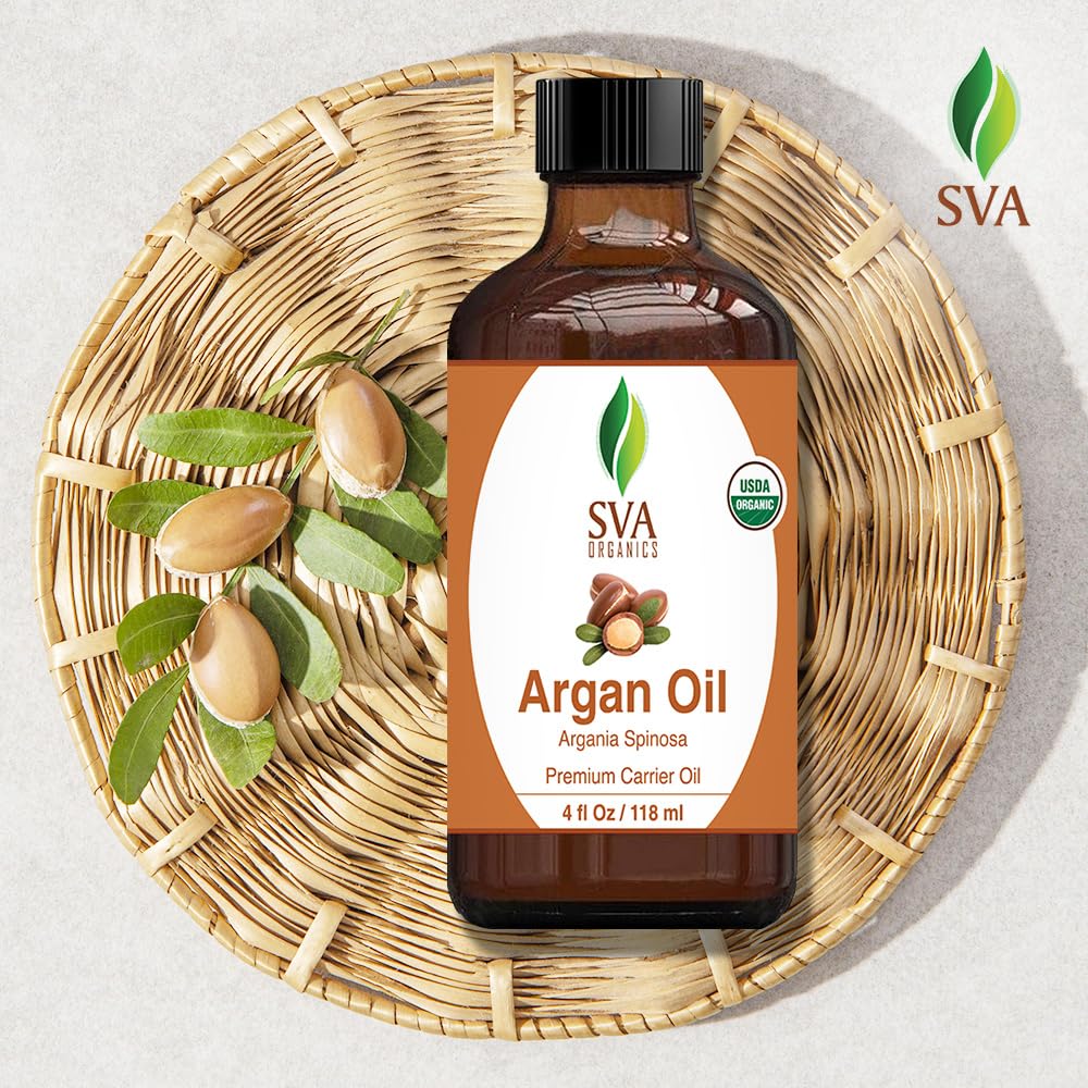 SVA Argan Oil Organic - 4 Fl Oz – 100% Natural Cold Pressed Organic Argan Oil - for Face, Skin Care, Hair Care, Scalp Massage & Body Massage – Carrier Oil with Dropper