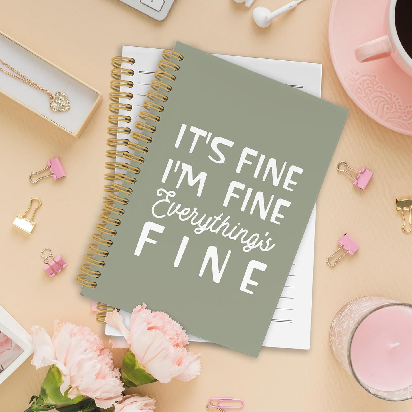 XPH Funny Green Spiral Notebook, It's Fine I'm Everything Is Fine Journaling Notebooks for Women Men, Humorous Hardcover Journals for Office 160 Pages 5.5 x 8.3 Inch, Sarcastic Gifts for Coworkers