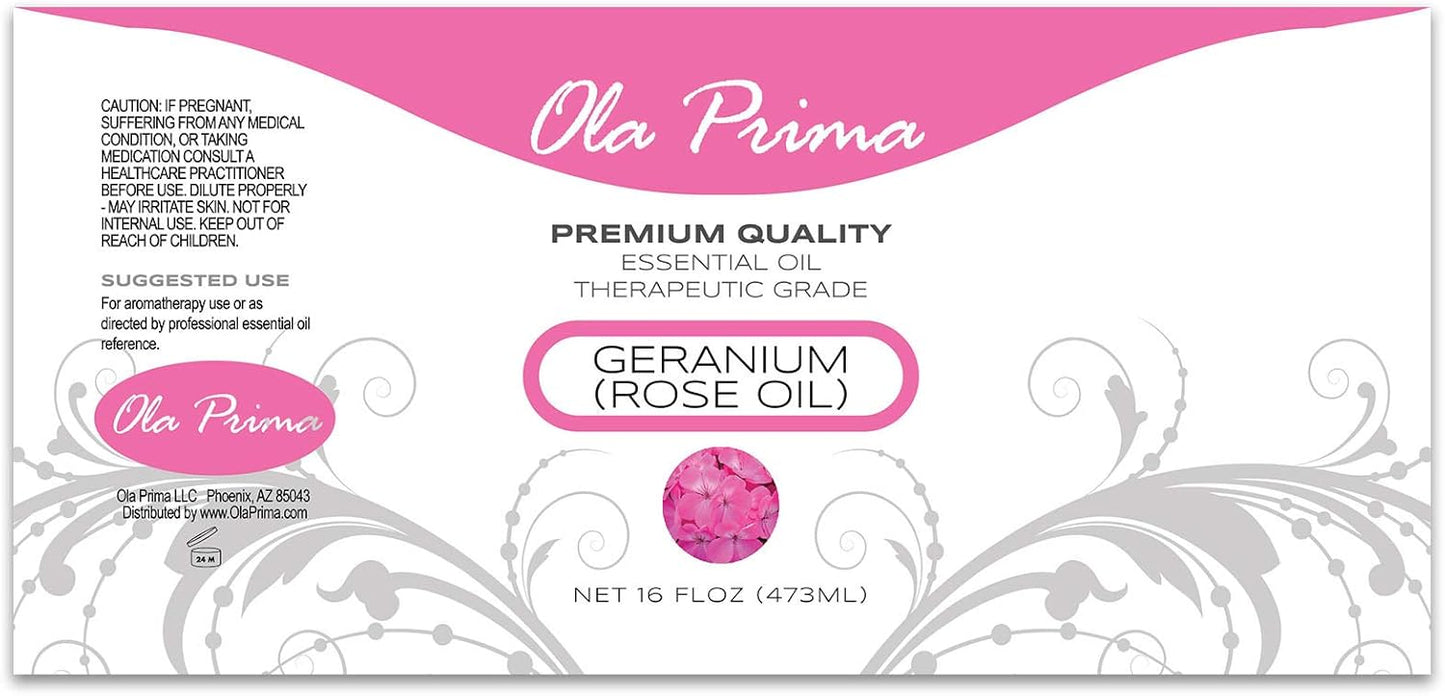 Ola Prima Rose Geranium Essential Oil Pure Therapeutic Grade for Aromatherapy Diffuser, Relaxation & Skincare (16oz Bulk)