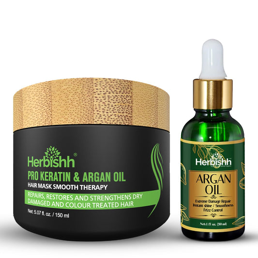 Herbishh Argan Oil & Hair Mask Combo For Deep Conditioning Treatment – Argan Oil for Hair Repair & Frizz Control (30ml) & Argan Hair Mask for Hydration (150ml), Sulfate & Paraben Free