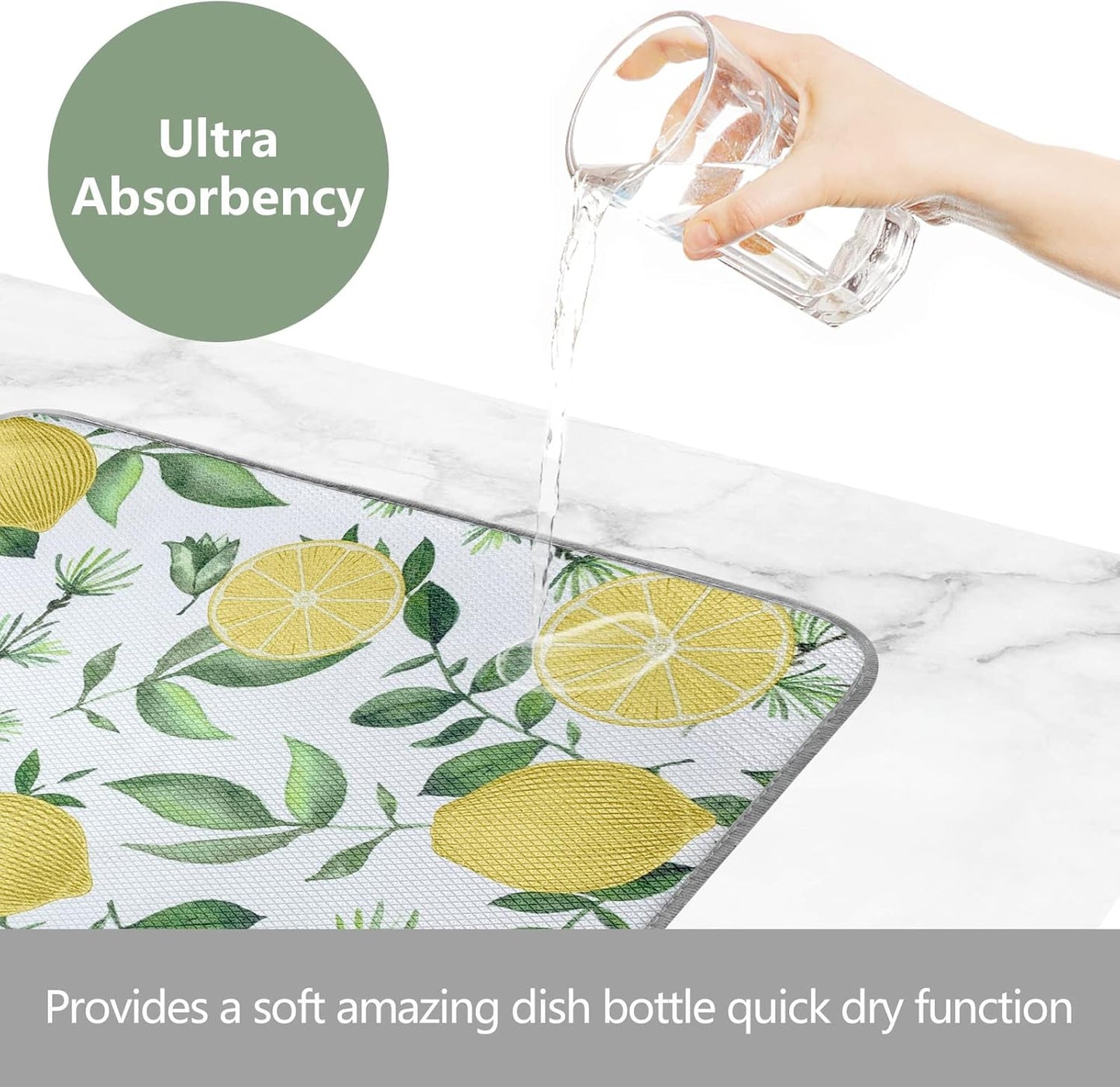 SHIYUE Dish Drying Mat for Kitchen Counter Super Absorbent Spring Kitchen Decor Microfiber Drying Matainers Rack Fast Pad Dish Drainer Mats(Yellow Lemon Green Leaves,16''x18'')