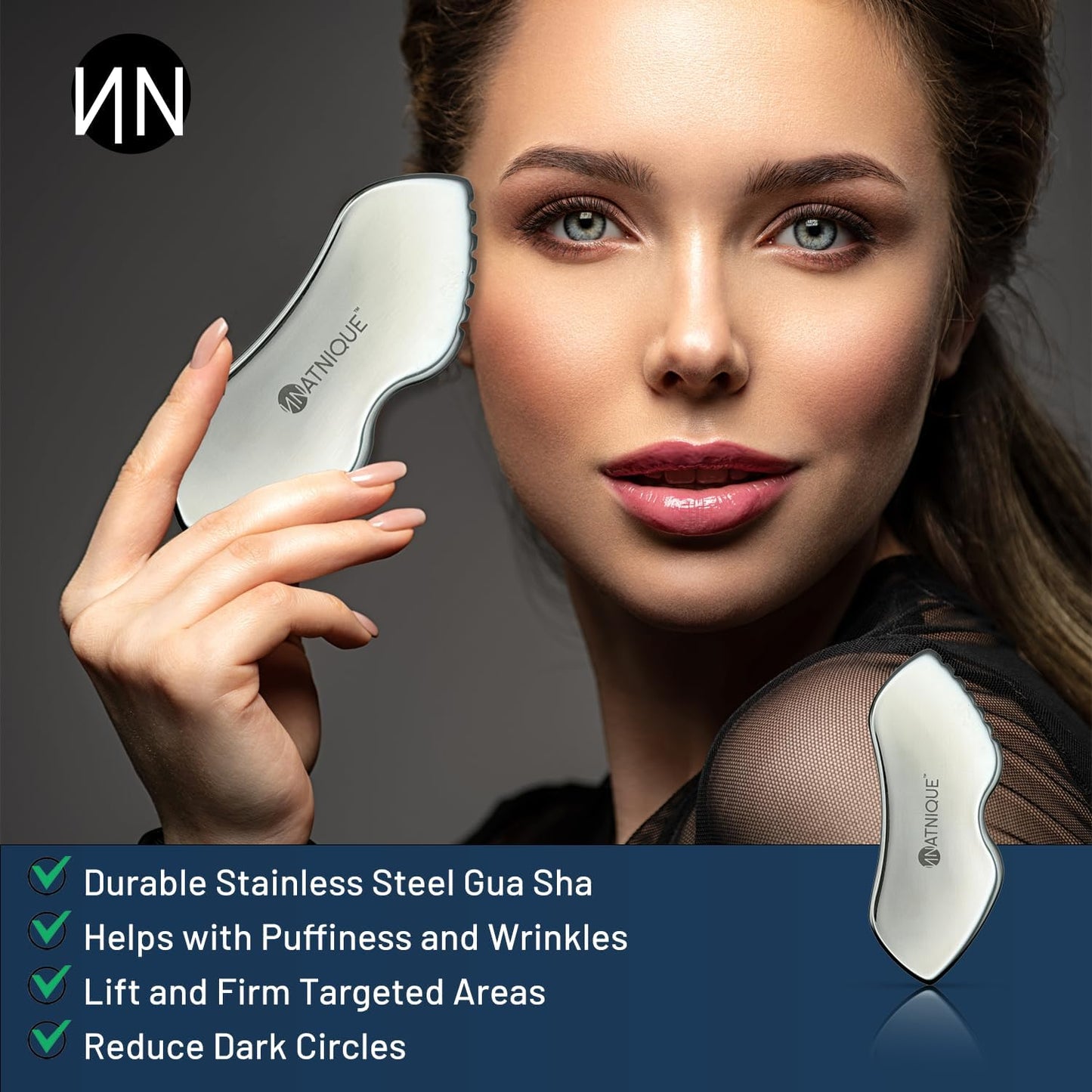 Stainless Steel Gua Sha Tool – Metal Face & Body Massage Tool for Sculpting, Puffiness, Fine Lines, Dark Circles & Cooling Relief – Board Shape with Travel Pouch