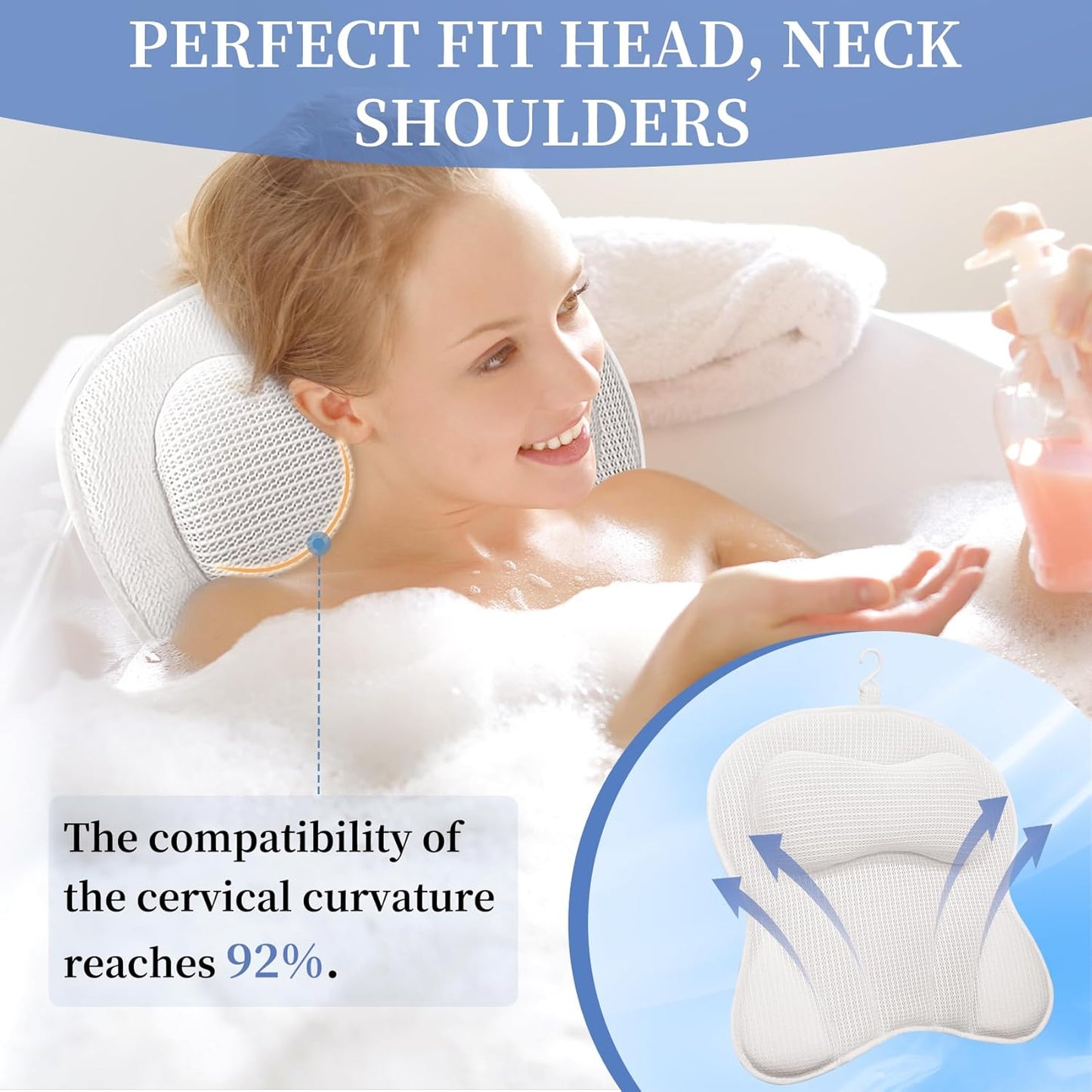 Bath Pillows for Head and Neck Support, Soft 5D Air Mesh Bath Tub Pillow with 6 Non Slip Suction Cups, Luxury Bathtub Pillows, Bathtub Accessories for Women and Men