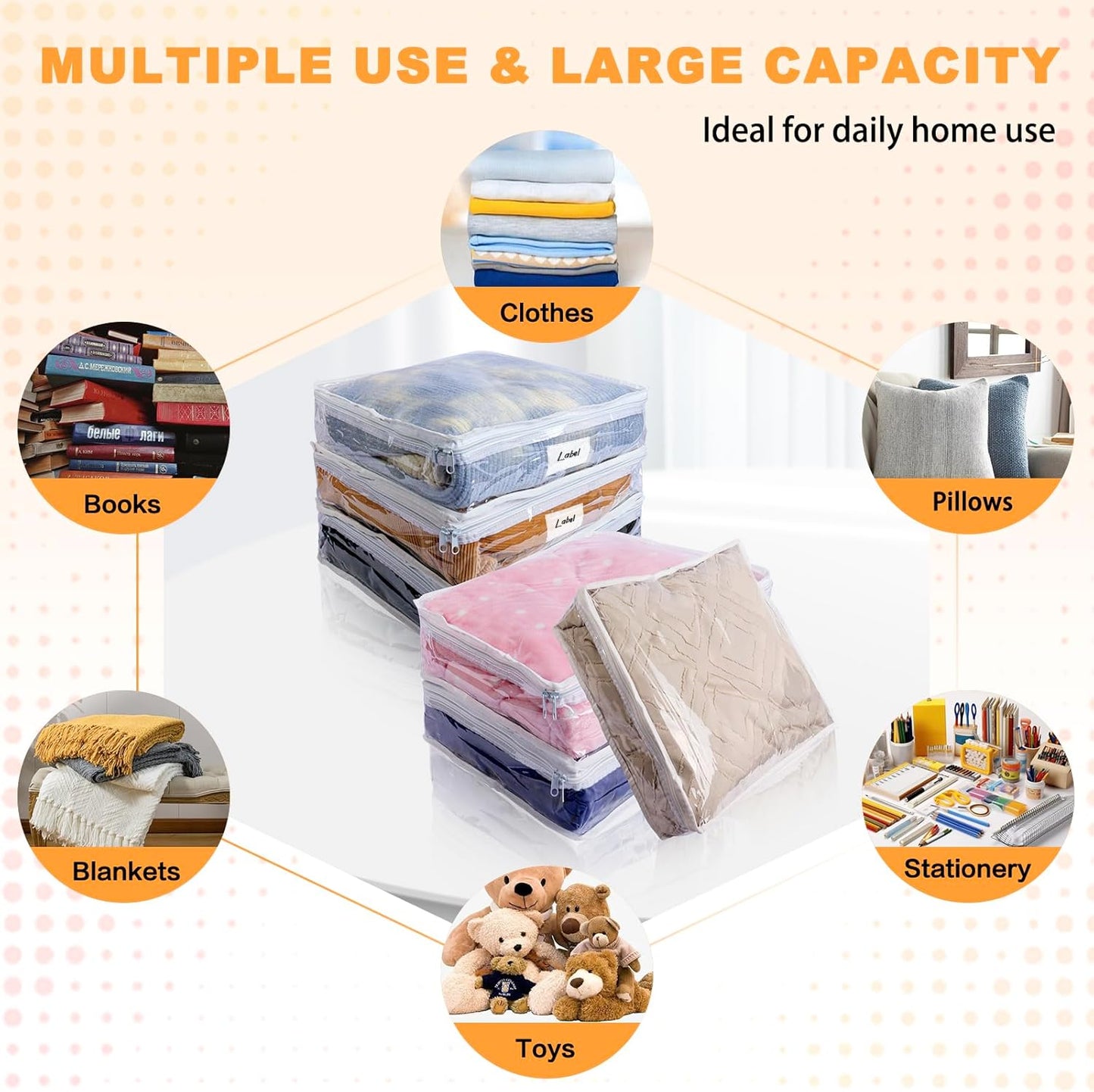 Clear Zippered Storage Bags Plastic Sweater Storage Bags with Zipper 6 Packs Clothing Organizer for Blankets Linen Sweater Bed Sheet Quilt Clothes Pillow (12 x 12 x 4 Inch)