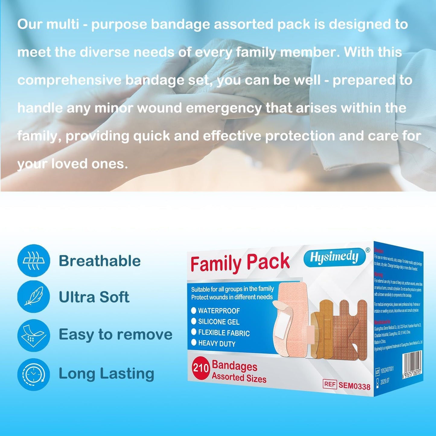 Adhesive Assorted Bandages Variety Pack 210 Counts Flexible Fabric Heavy Duty Waterproof Silicone Hypoallergenic Latex Free for Sensitive Skin Wounds Care Medical First Aid Kit Supplies
