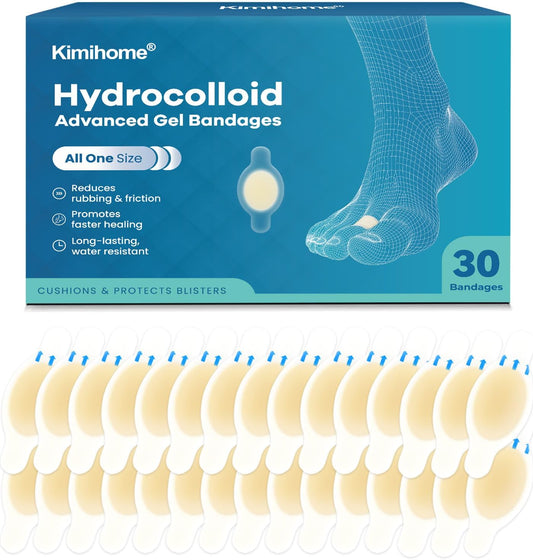 Hydrocolloid Blister Bandages for Feet - 30ct Gel Blister Bandages - Blister Cushions for Heel, Toe - Blister Prevention for Travel - Water Resistant Bandages Pads (Toe Pack)