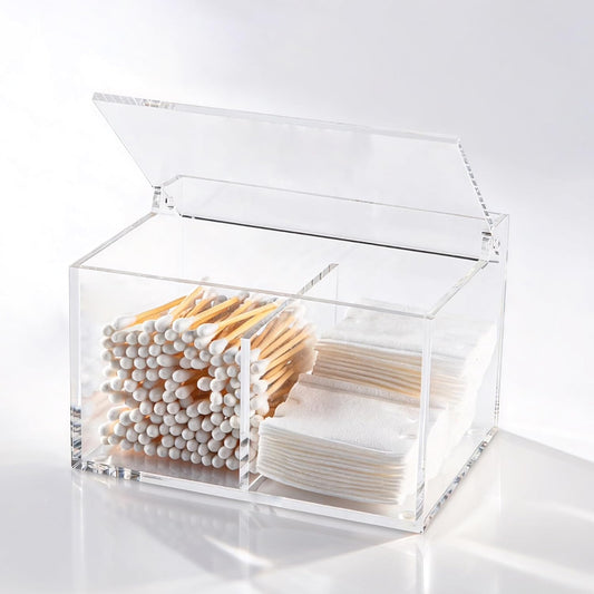 Clear Acrylic Cotton Swab Ball Holder Qtip Organizer with Lid 2-Grid Canister for Make Up Pads, Floss Picks, Vanity Storage,Bath Salts, Cosmetics, Home Bathroom Decor (DP004)
