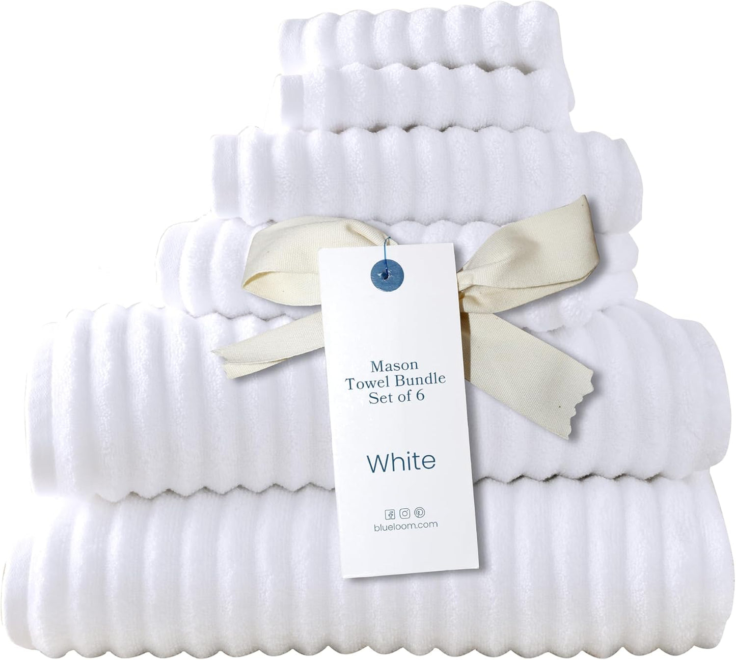 Blue Loom Ribbed Bath Towels Set, 100% Cotton 600GSM, Soft Absorbent Durable 2 Bath Towels, 2 Hand Towels, 2 Wash Cloths for Bathroom - Mason (58" x 30" inch Towels) (White, 6 Piece)