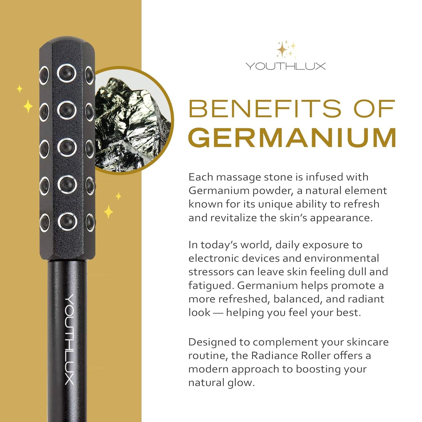 Radiance Roller – Germanium Stone Facial Massage Tool for Lifting, Sculpting, De-Puffing, Glow Boost, Energizing & Cooling Effect (Black)