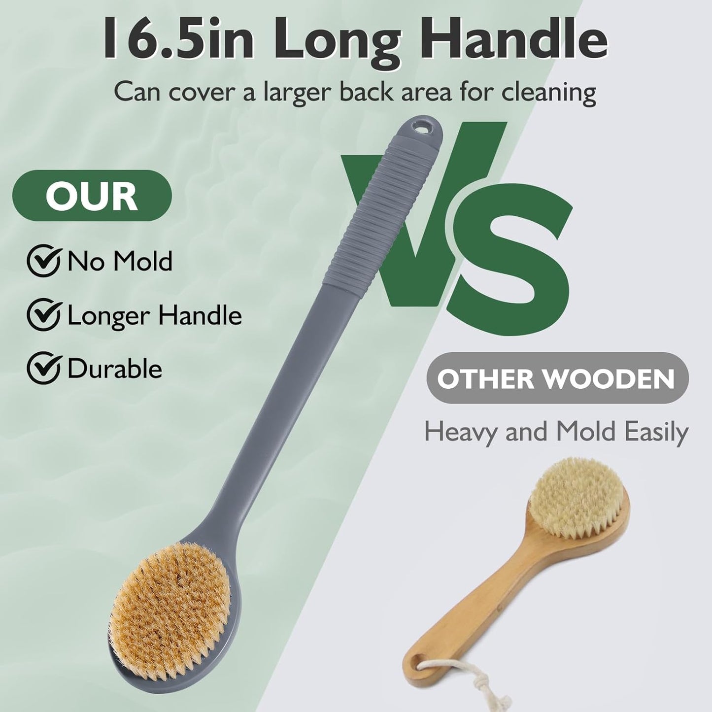 VANZAVANZU 17 Inch Anti-Slip Long Handle Back Scrubber for Shower – Dual-Sided Shower Brush and Shower Back Scrubber with Soft and Stiff Bristles for Wet or Dry Brushing (Gray)