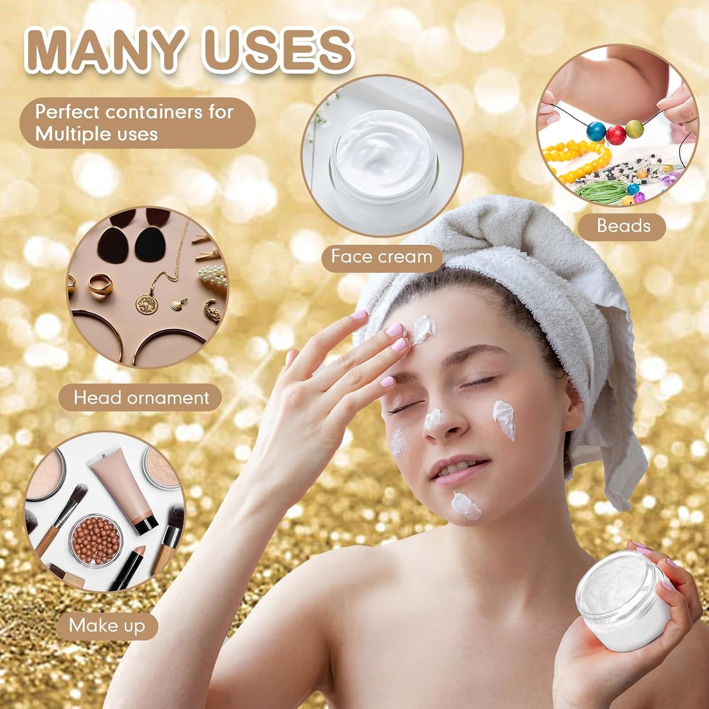 SATINIOR 12 Pack 8 oz Plastic Container Jars with Lids Round Clear Travel Cosmetic Container Slime Jars for Toiletries, Lotion, Cream, Ointments, Makeup, Rhinestone, Samples, Kitchen Storage(Gold)