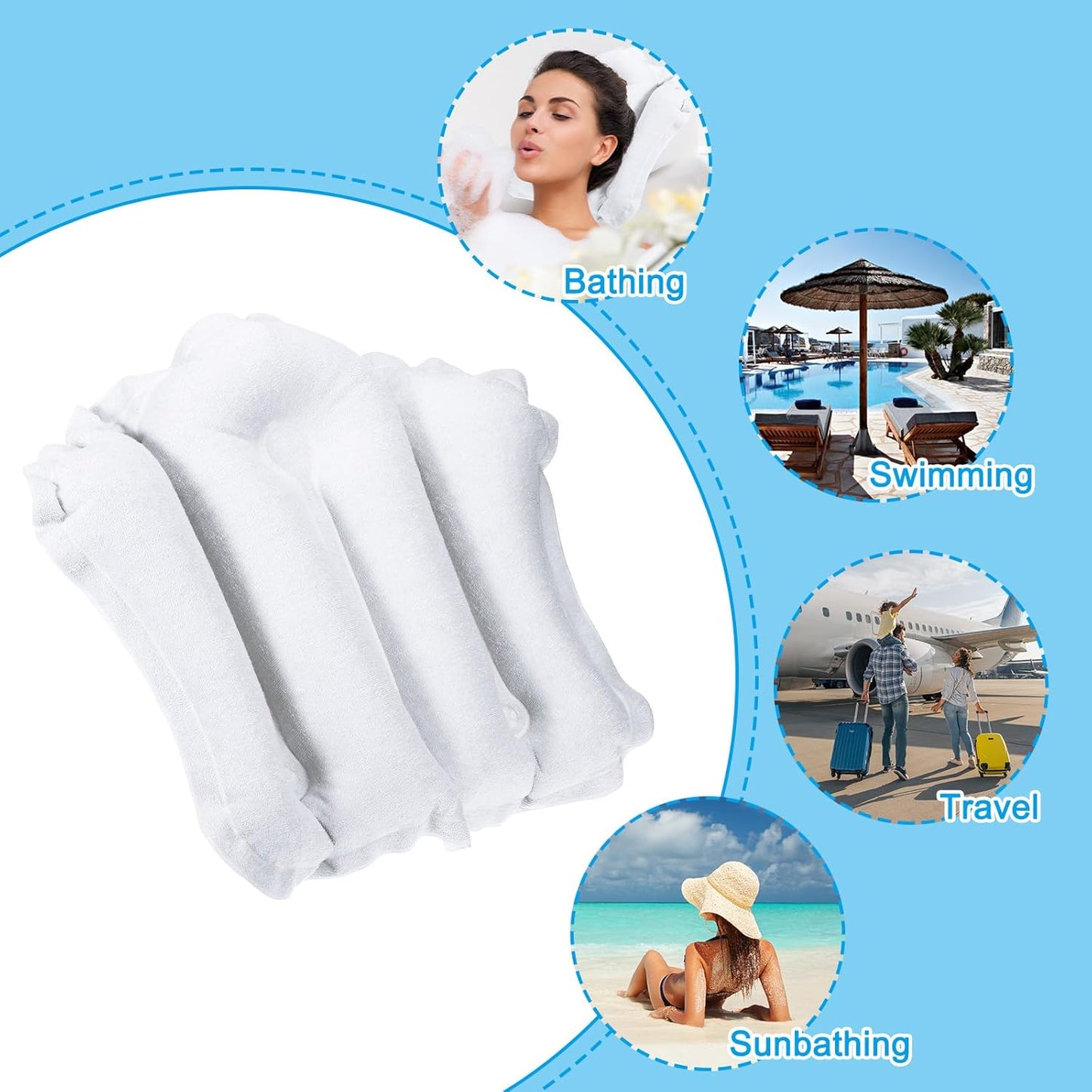 PATIKIL Inflatable Bath Pillow with Suction Cups, Terry Cloth Covered Shell Shape Bath Pillow Neck Support for Bathtub Hot Tub, White