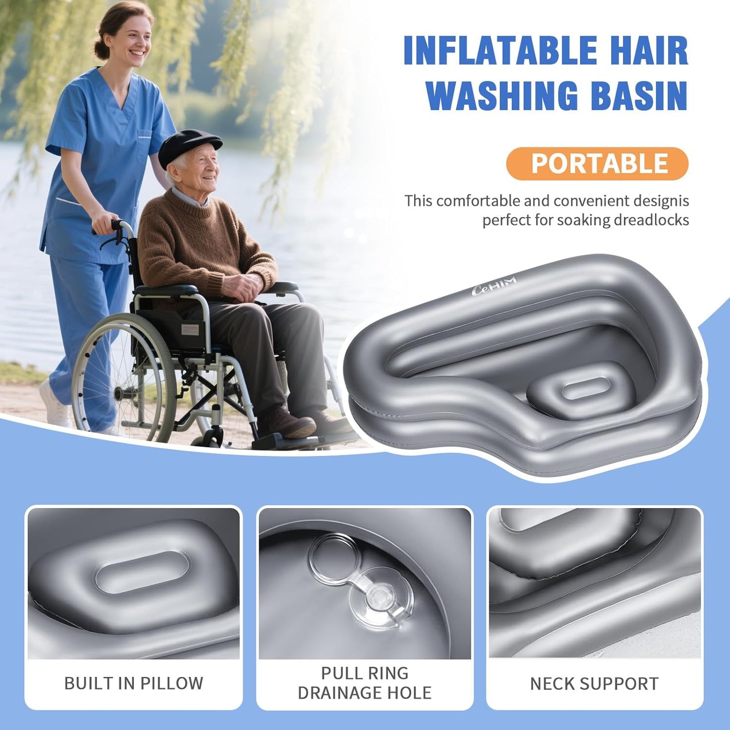 Portable Inflatable Shampoo Basin for Bedridden & Elderly - Zero Pooling Design | Fast-Drain Slope & Neck Support | Portable Hair Wash Bowl, Drain Hose | Hospital PVC | Home Use (Silver, Large)