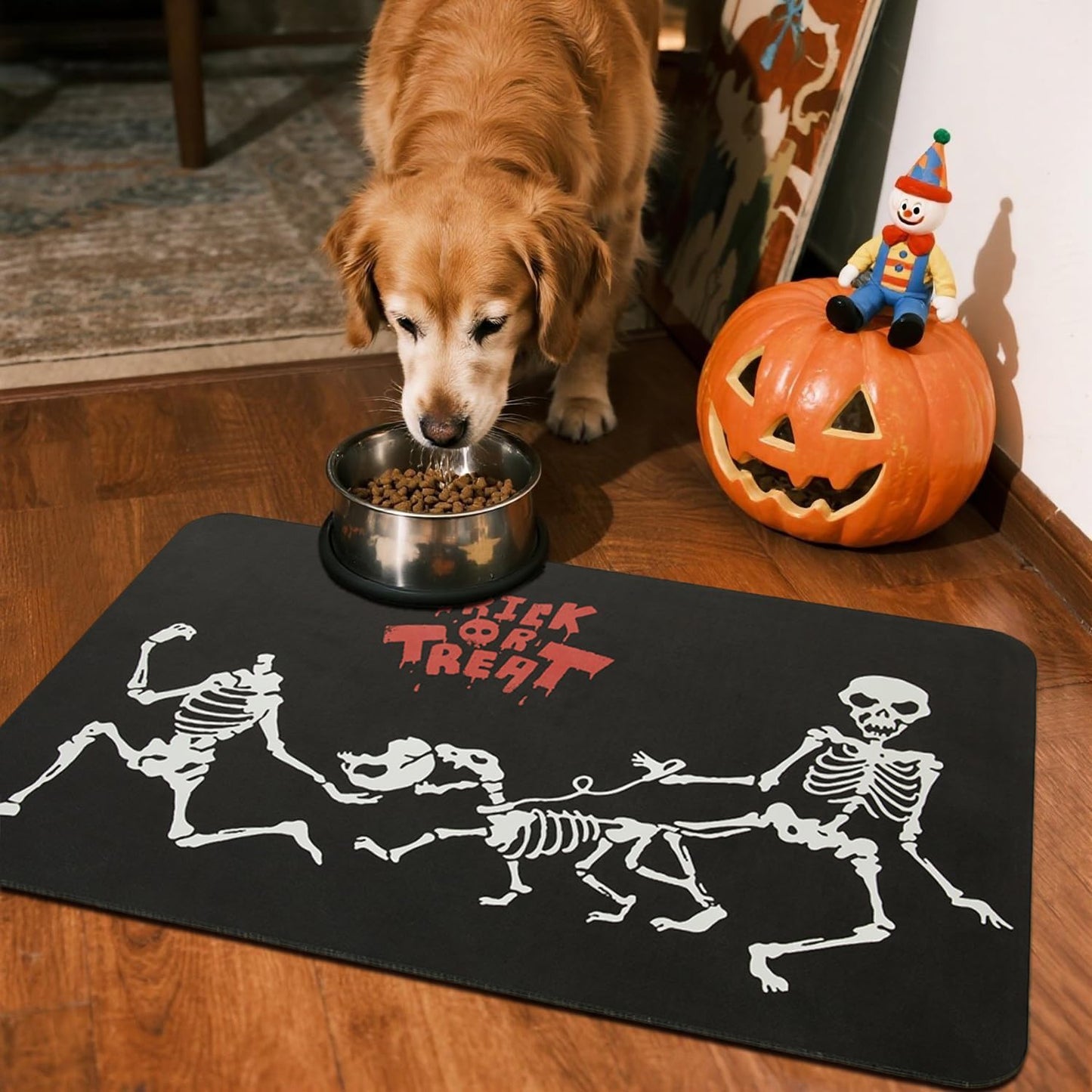 Halloween Bath Mat, Thin Halloween Bathroom Rug Non Slip Quick Dry Skeleton Bath Mat Fits Under Door Thin Floor Mat Halloween Decor, 17''x30'', Skull Treat or Trick Black