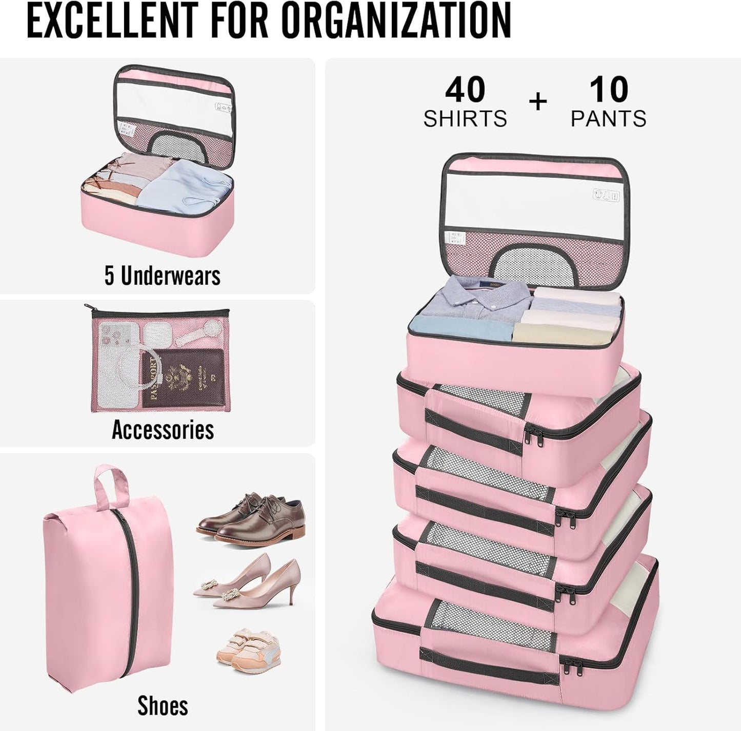 Veken 10 Set Packing Cubes for Travel Essential, Suitcase Organizer Bags in 4 Sizes, Carry-On Luggage Accessories with Large Laundry & Hanging Toiletry Bag, Must-Have for Airplane, Road Trip & Camping