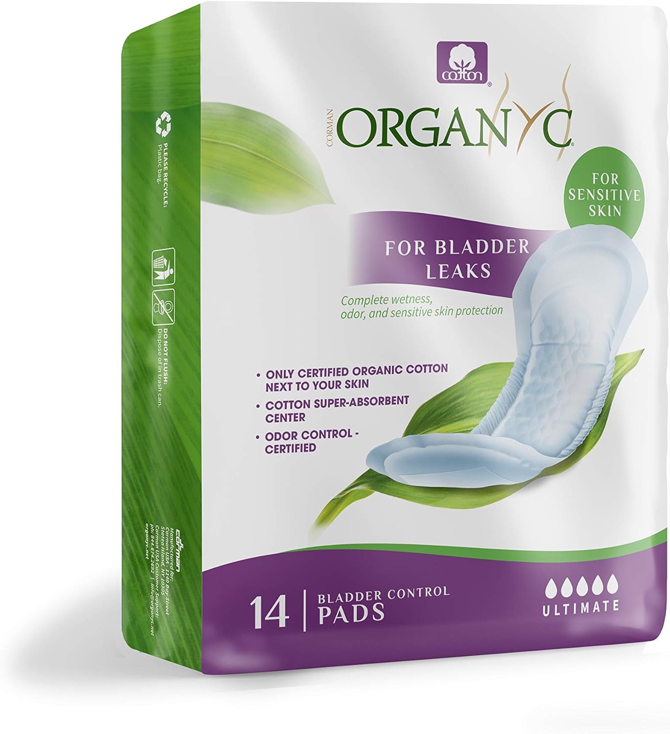 Organyc – 100% Organic Cotton Inside and Out Light Incontinence Pads for Bladder Leaks, FSA/HSA Eligible, Ultimate Flow, 14 Count