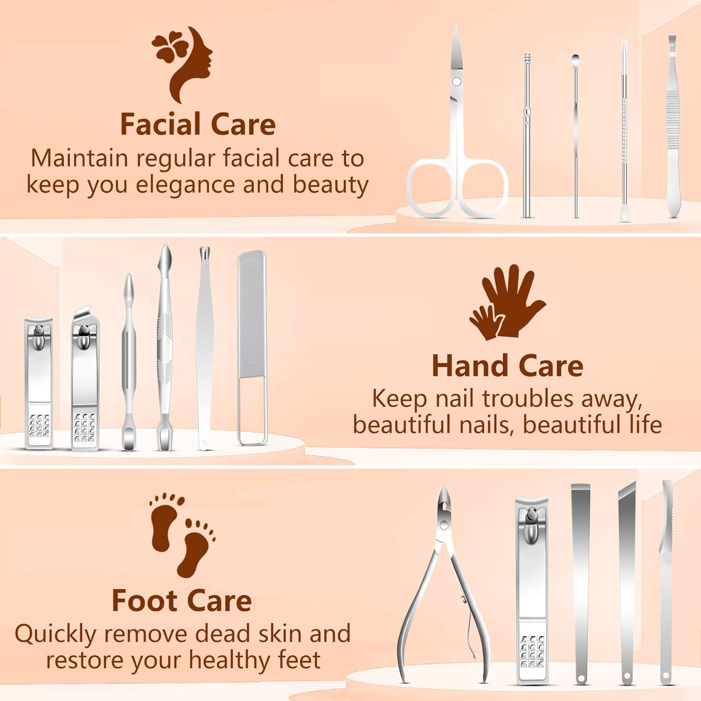 Manicure Set 16 In 1 Professional Stainless Steel Pedicure Kit Toenail Clippers Set Mens Grooming Kit Fingernail Kit for Women with Luxurious Travel Bag, Suitable for Home, Travel, and Salon (Brown)