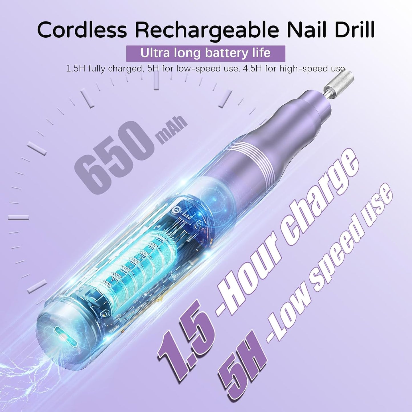 Electric Nail Drill Set, Cordless Electric Nail File Set Rechargeable, 5 Speed Portable Nail Drill Machine for Thick Nail Toenail Cuticle, Hand Feet Trimmer Buffer for Women Men Baby Pets
