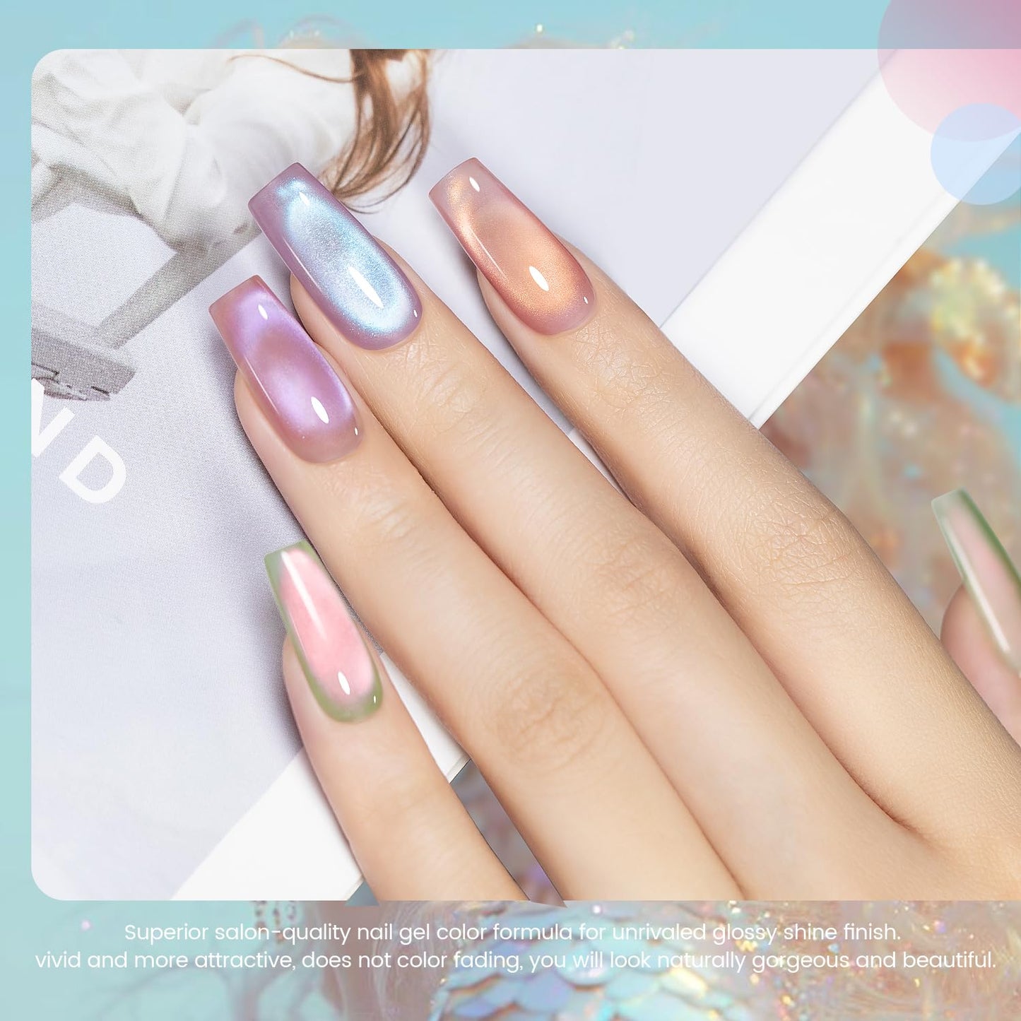 RARJSM Aurora Mermaid Cat Eye Gel Nail Polish Set 6pcs Reflective Pink Purple Green Blue Diamond Ceramic Glitter Glass Cateye Gelpolish with Magnet Stick 7.5ml Curing Requires Soak Off for Home Salon